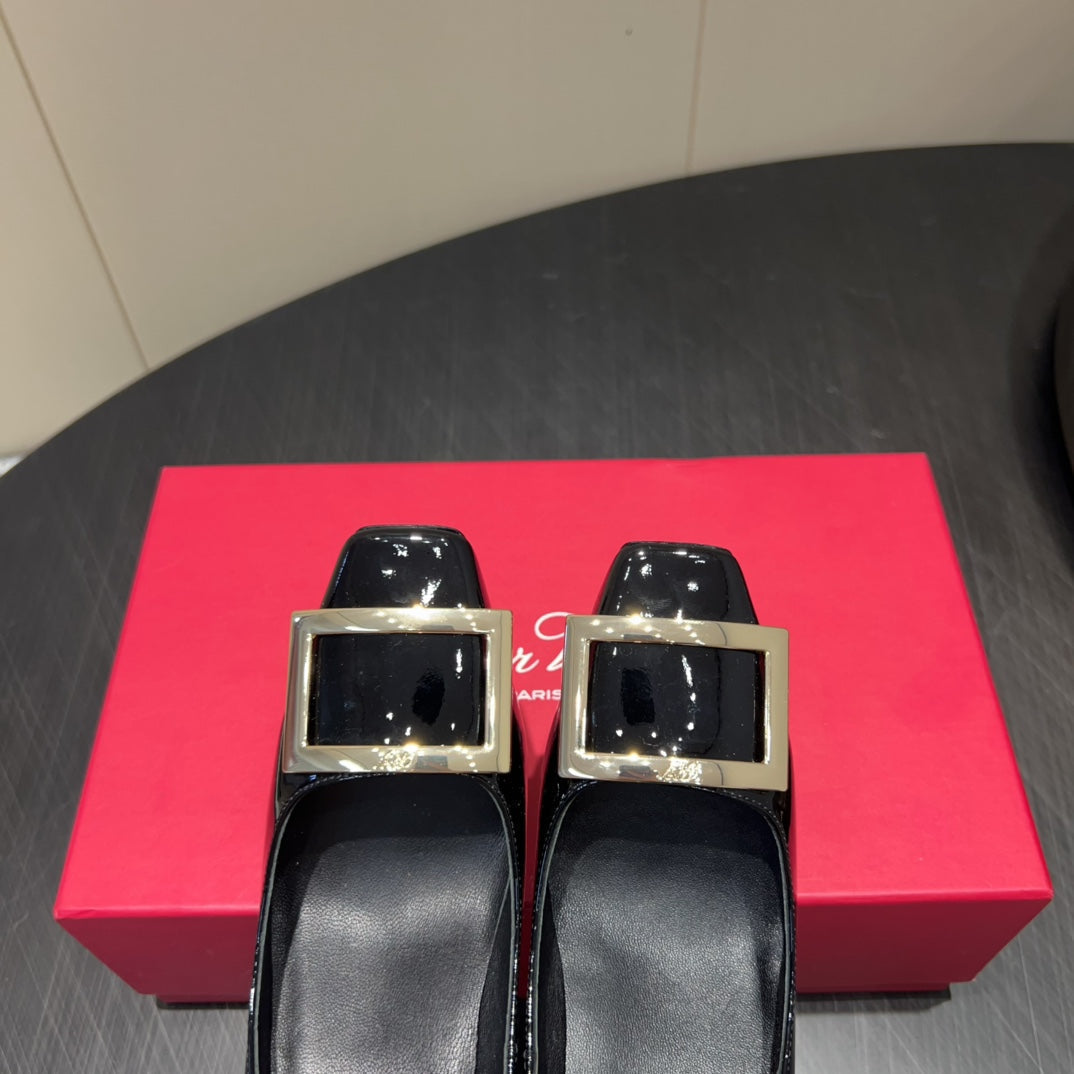 ROGER VIVIER 25S BELLE VIVIER PUMPS 70MM IN BLACK CALFSKIN GOLD BUCKLE