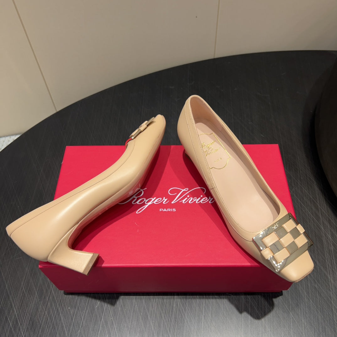 ROGER VIVIER 25S TROMPETTE SQUARE TOE HIGH HEELS 45MM IN NUDE SHINY CALFSKIN