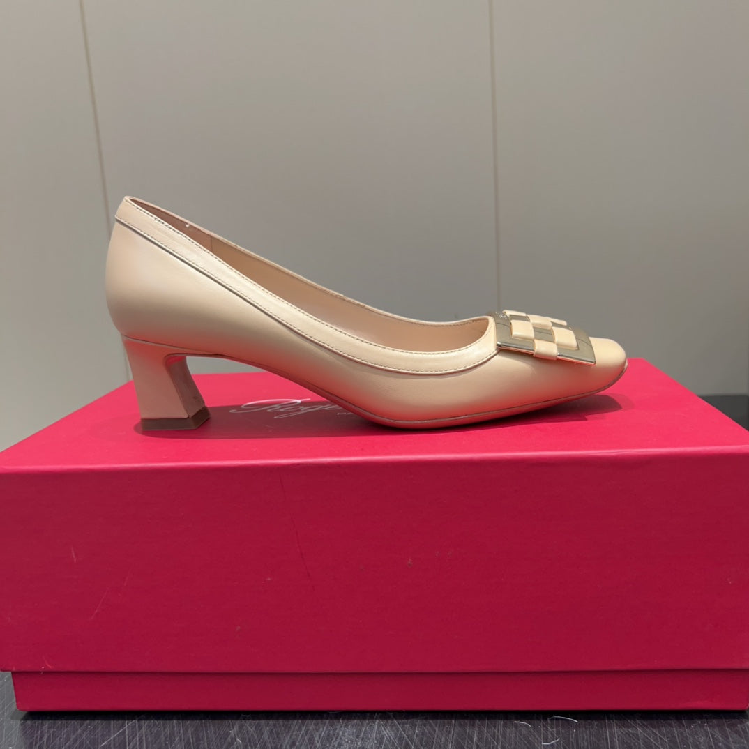 ROGER VIVIER 25S TROMPETTE SQUARE TOE HIGH HEELS 45MM IN NUDE SHINY CALFSKIN