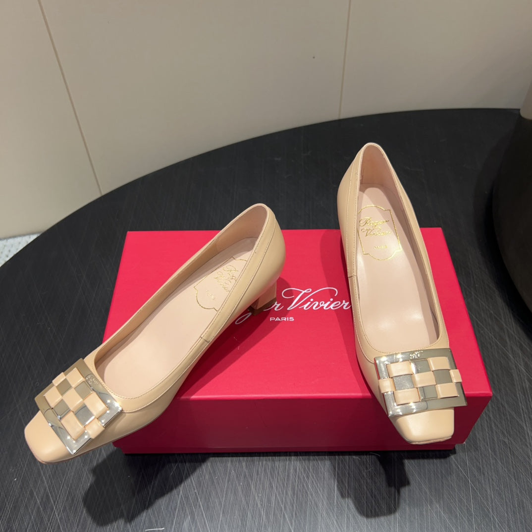 ROGER VIVIER 25S TROMPETTE SQUARE TOE HIGH HEELS 45MM IN NUDE SHINY CALFSKIN