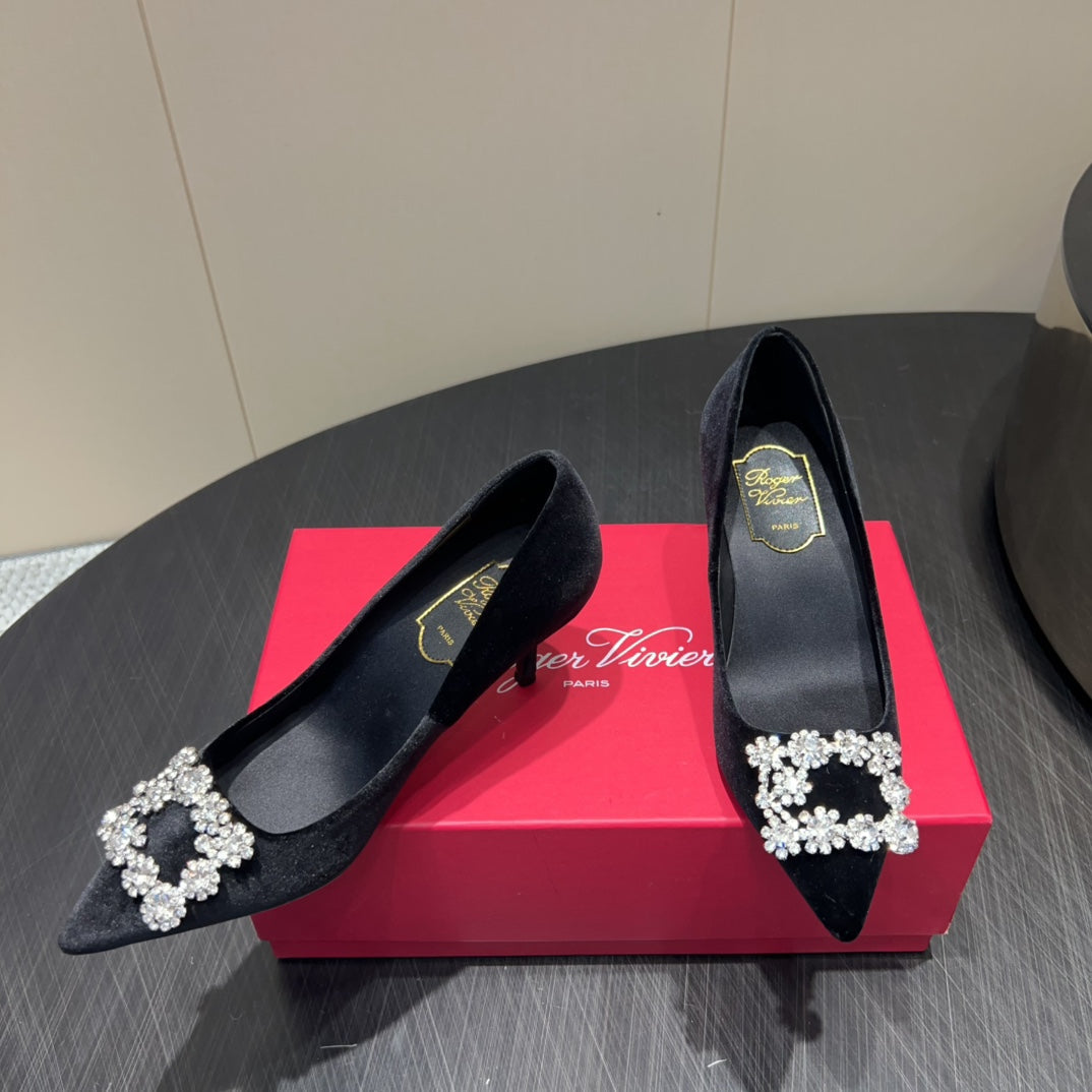 ROGER VIVIER 25S POINTED TOE HIGH HEELS 70MM IN BLACK VELVET EMBELLISHED CRYSTALS