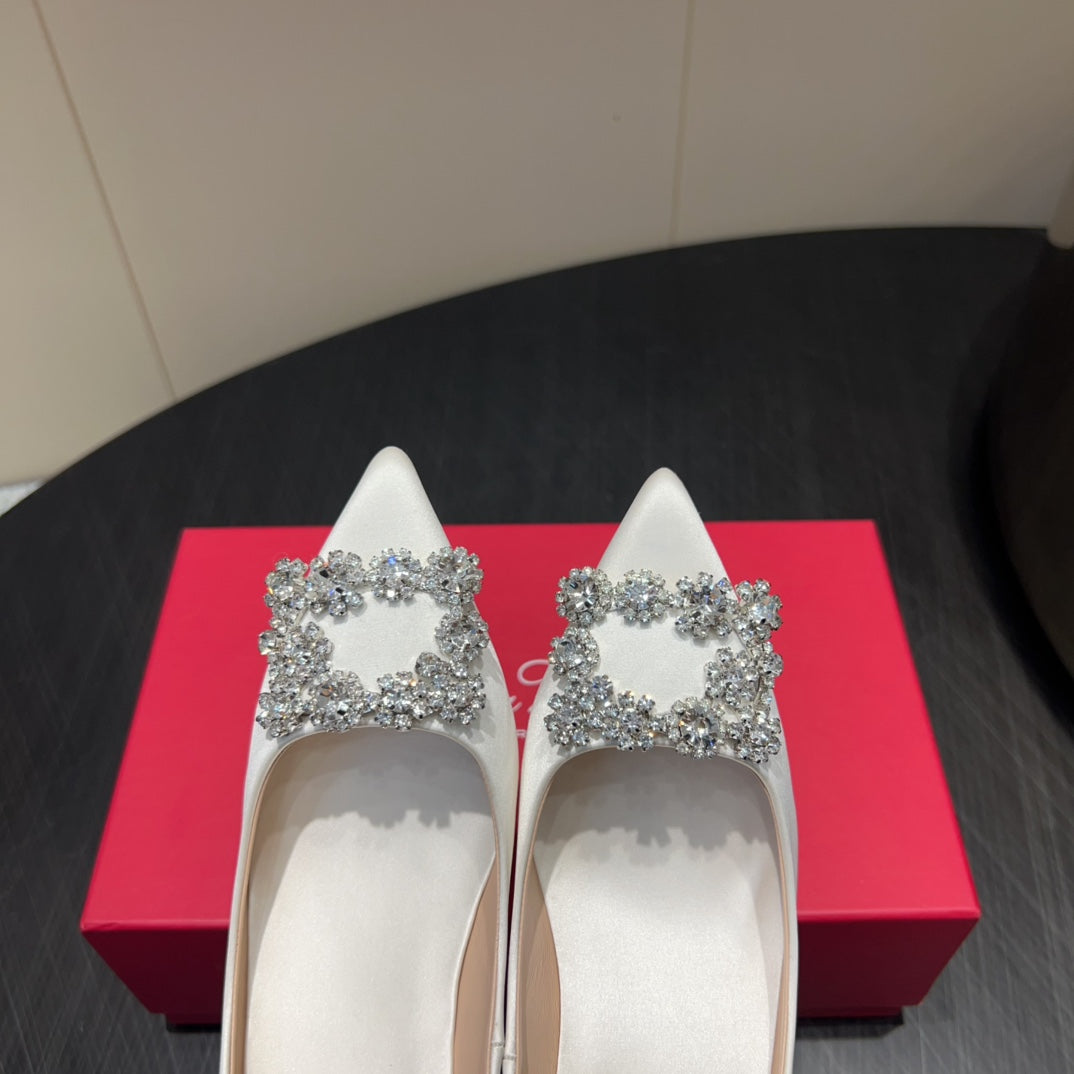 ROGER VIVIER 25S POINTED TOE HIGH HEELS 70MM IN IVORY SILK EMBELLISHED CRYSTALS
