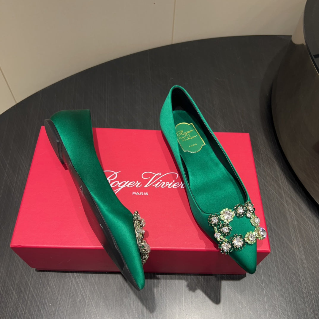 ROGER VIVIER 25S GRETE BALLET FLATS IN TEAL GREEN SILK WITH EMBELLISHED CRYSTALS