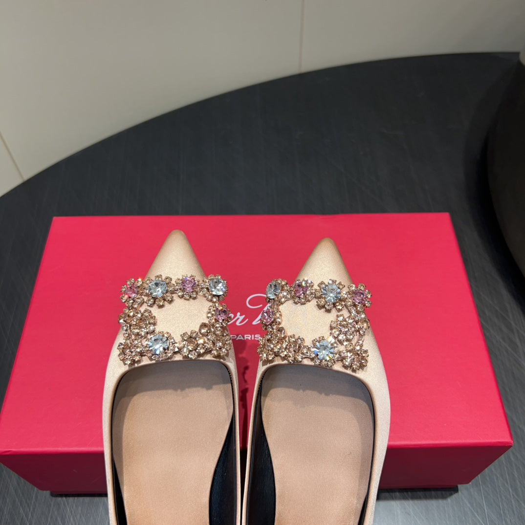 ROGER VIVIER 25S GRETE BALLET FLATS IN DARK NUDE SILK WITH EMBELLISHED CRYSTALS