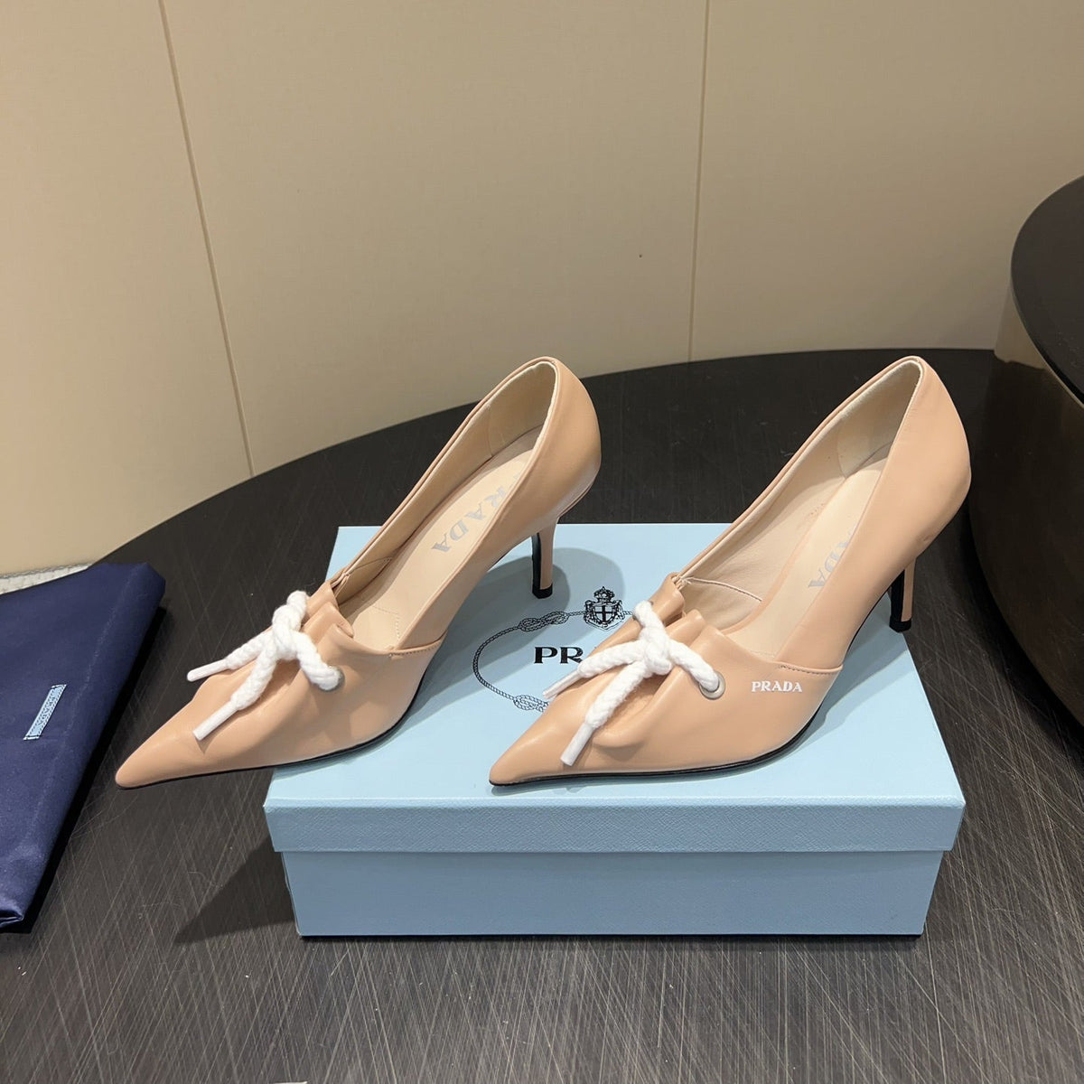 PRADA 25S POINTED TOE HIGH HEELS 85MM IN BEIGE LAMBSKIN WITH TIE UP DESIGN