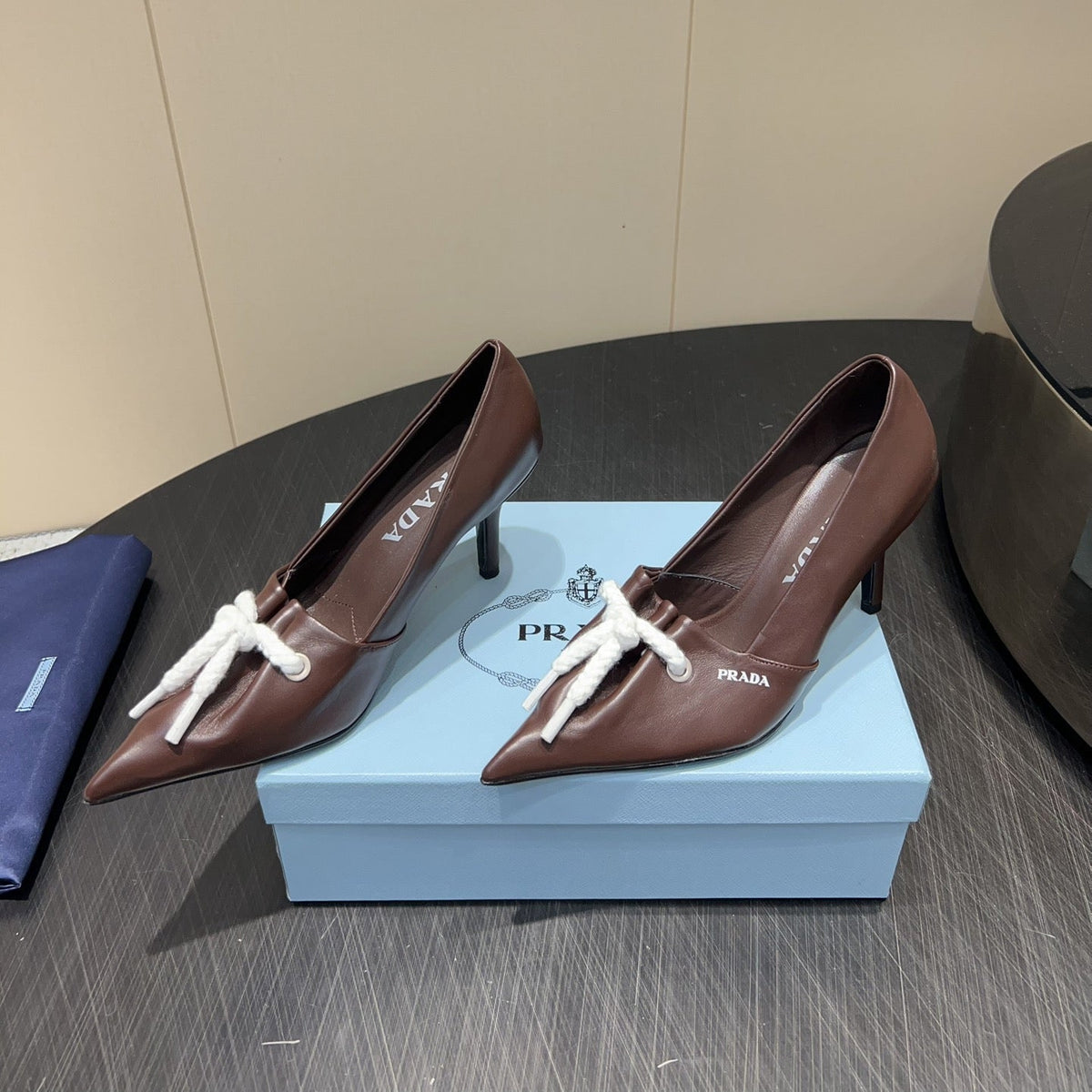 PRADA 25S POINTED TOE HIGH HEELS 85MM IN DARK BROWN LAMBSKIN WITH TIE UP DESIGN