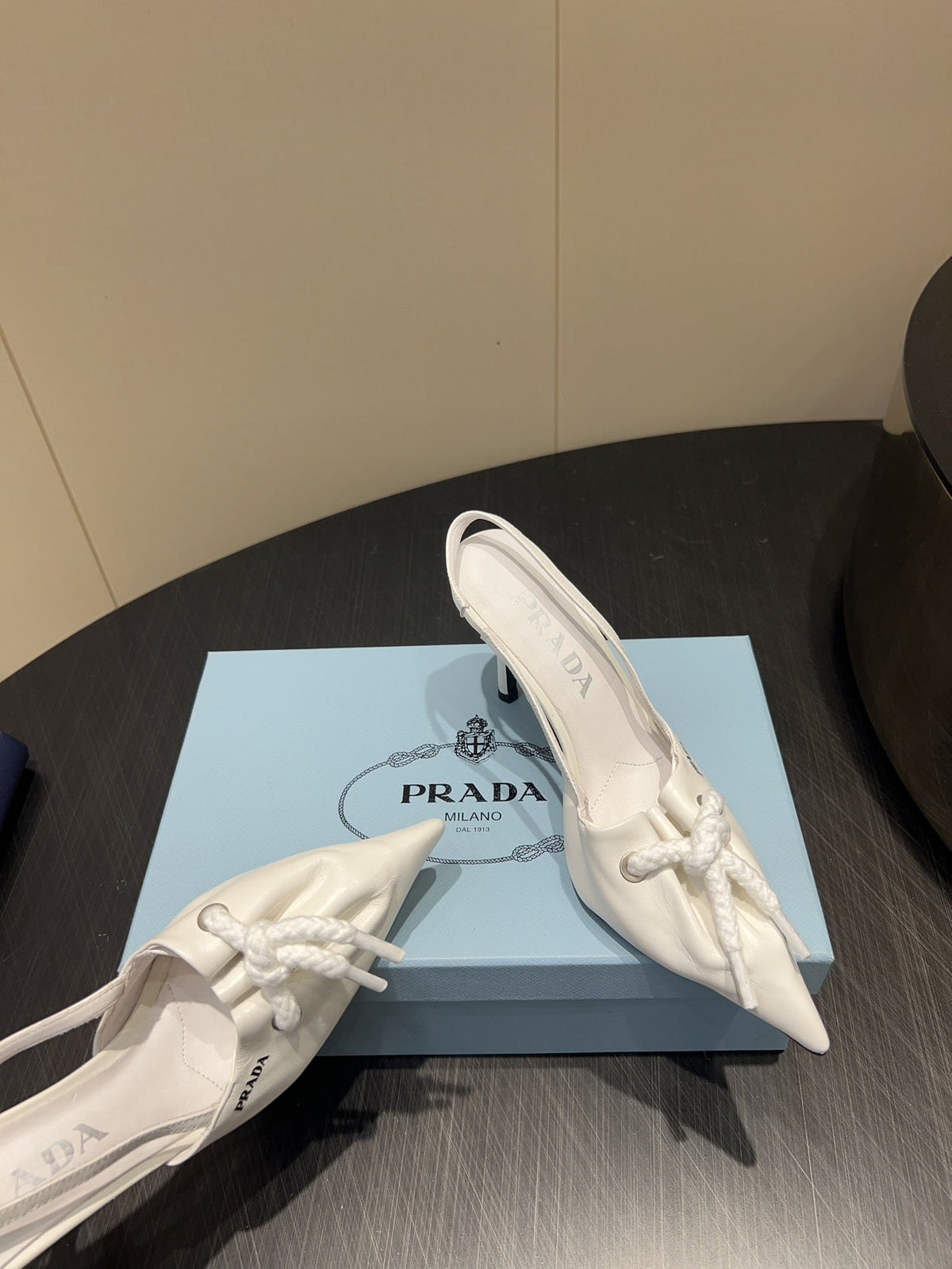 PRADA 25S POINTED TOE SLINGBACK 85MM IN WHITE LAMBSKIN WITH TIE UP DESIGN