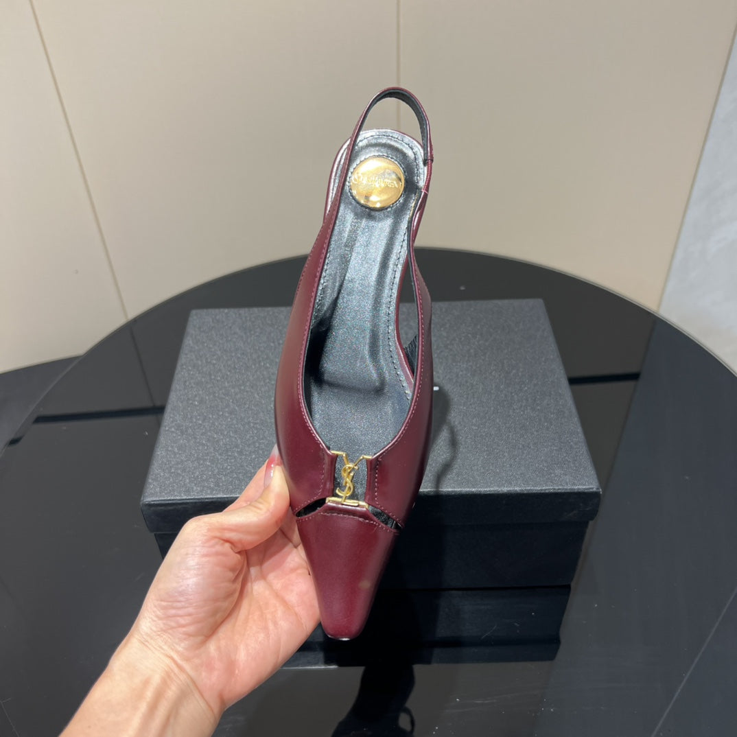 YSL SLINGBACK FLATS 25S IN WINE RED LAMBSKIN WITH GOLD HARDWARE