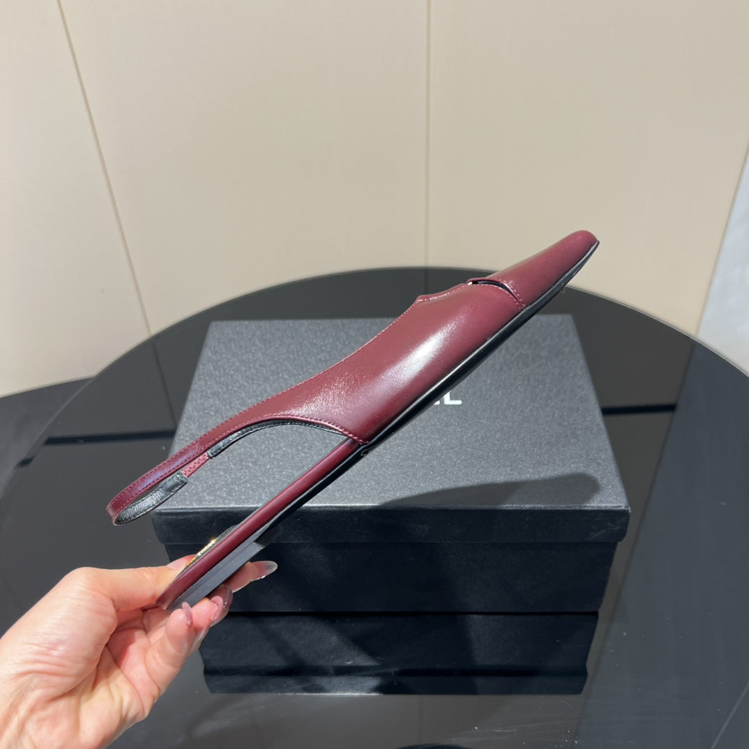 YSL SLINGBACK FLATS 25S IN WINE RED LAMBSKIN WITH GOLD HARDWARE
