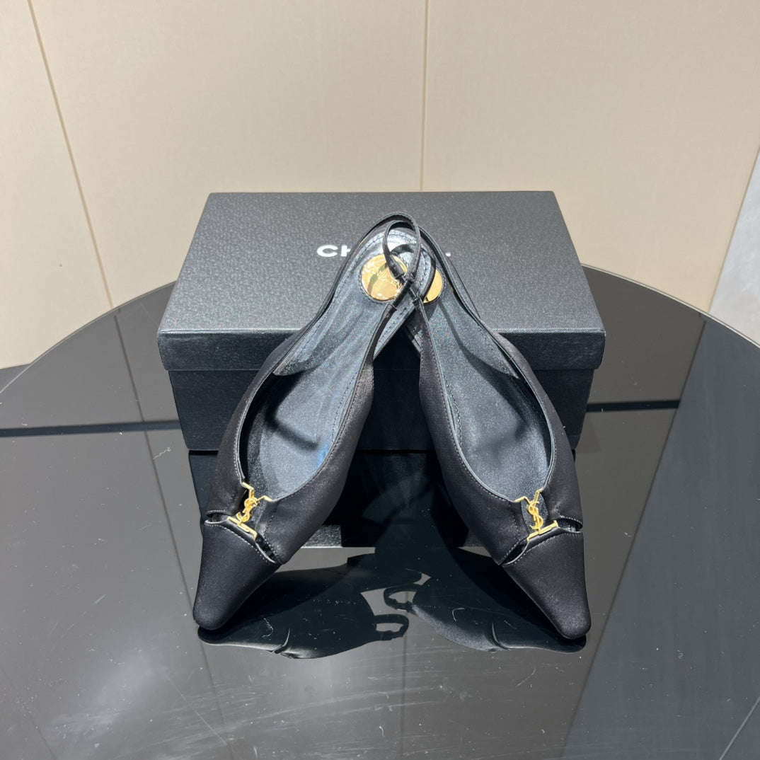 YSL SLINGBACK FLATS 25S IN BLACK SATIN FABRIC WITH GOLD HARDWARE