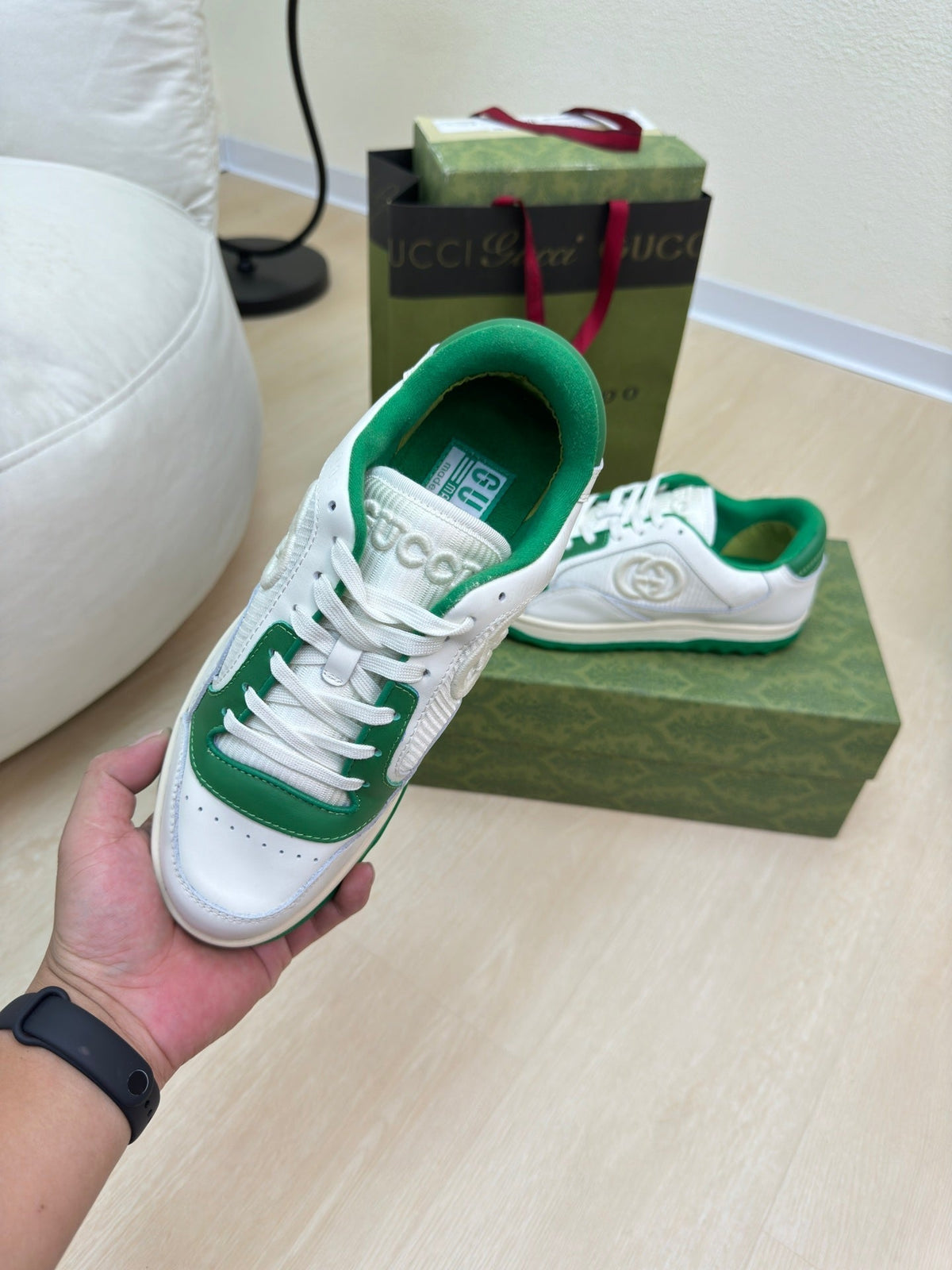 GG INTERLOCKING G SNEAKER WHITE GREEN CALFSKIN AND FABRIC