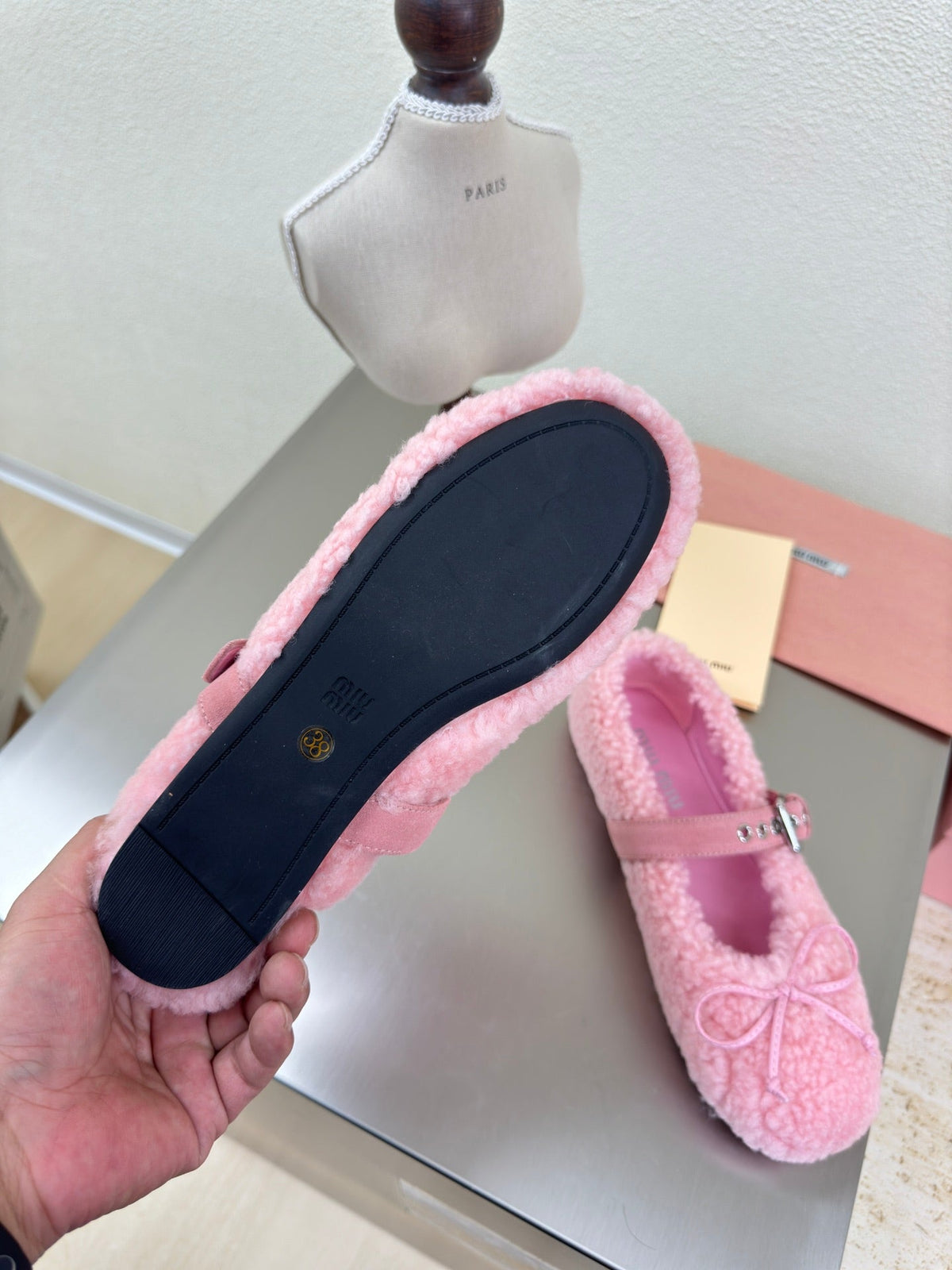 SHEARLING BALLET FLAT PINK WITH SUEDE STRAP