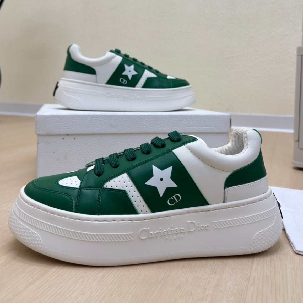 STAR PLATFORM SNEAKER IN WHITE MIX EMERALD GREEN CALFSKIN