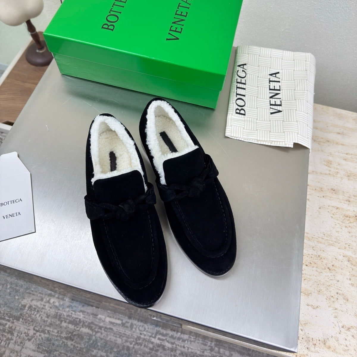 BOTTEGA VENETA 26S LOAFERS IN BLACK SUEDE AND WHITE WOOL