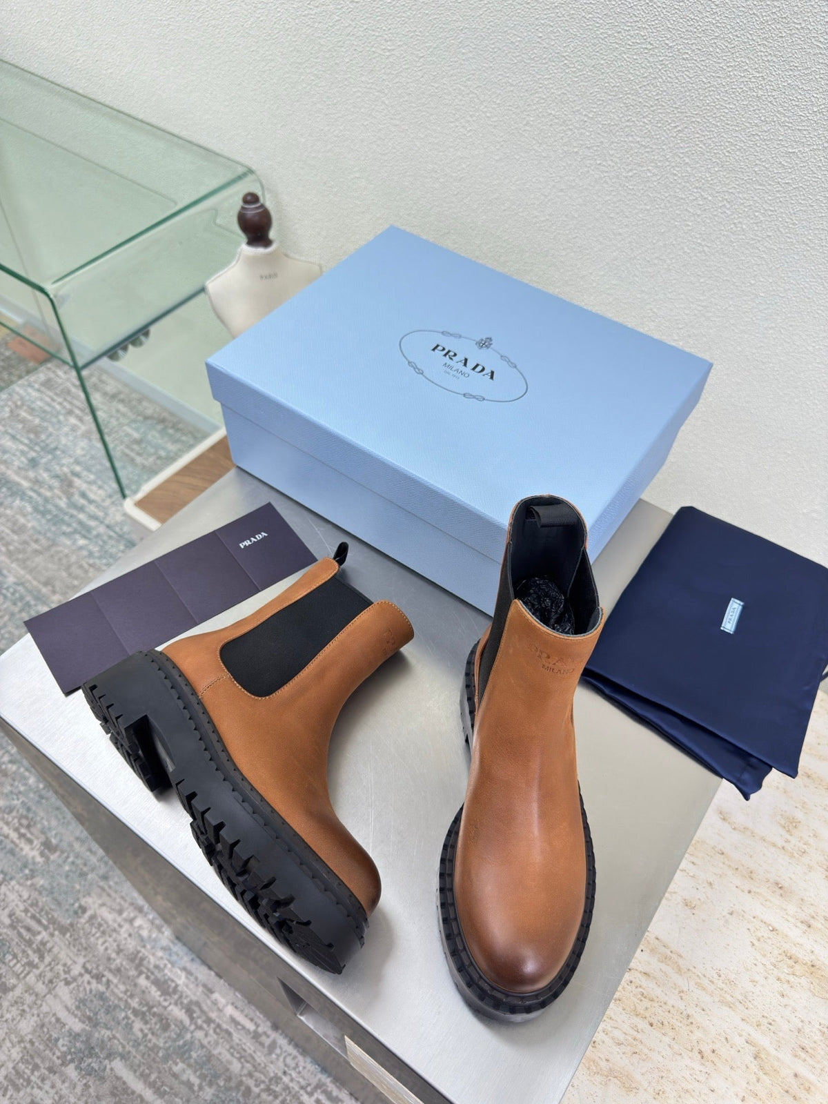 PRADA 25S PLATFORM CHELSEA BOOTS IN BROWN CALFSKIN