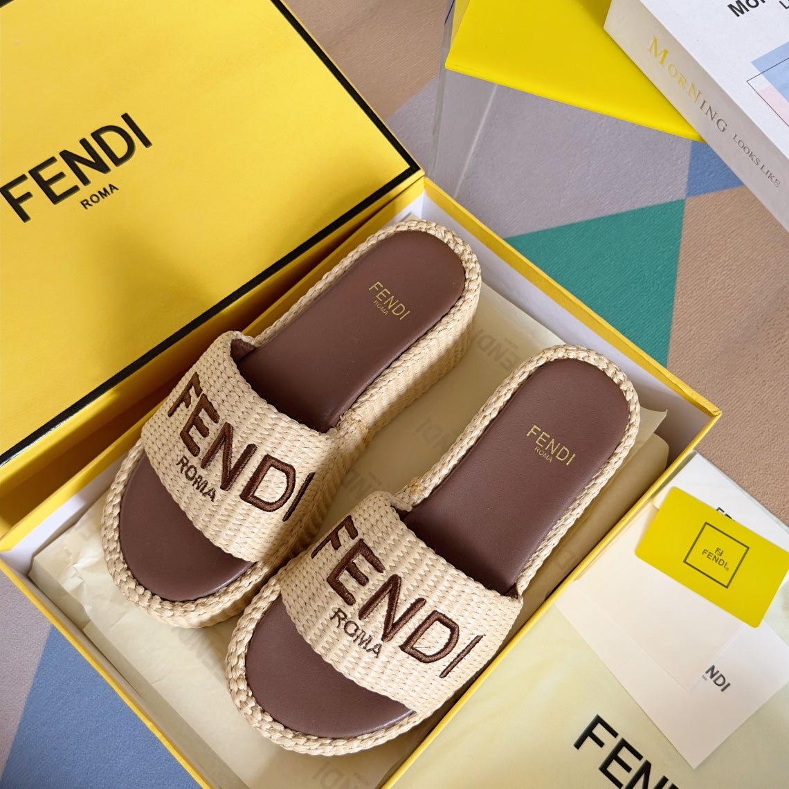 FF Sunshine 65 Beige Cotton Brown Leather Fibre Flatform Slide