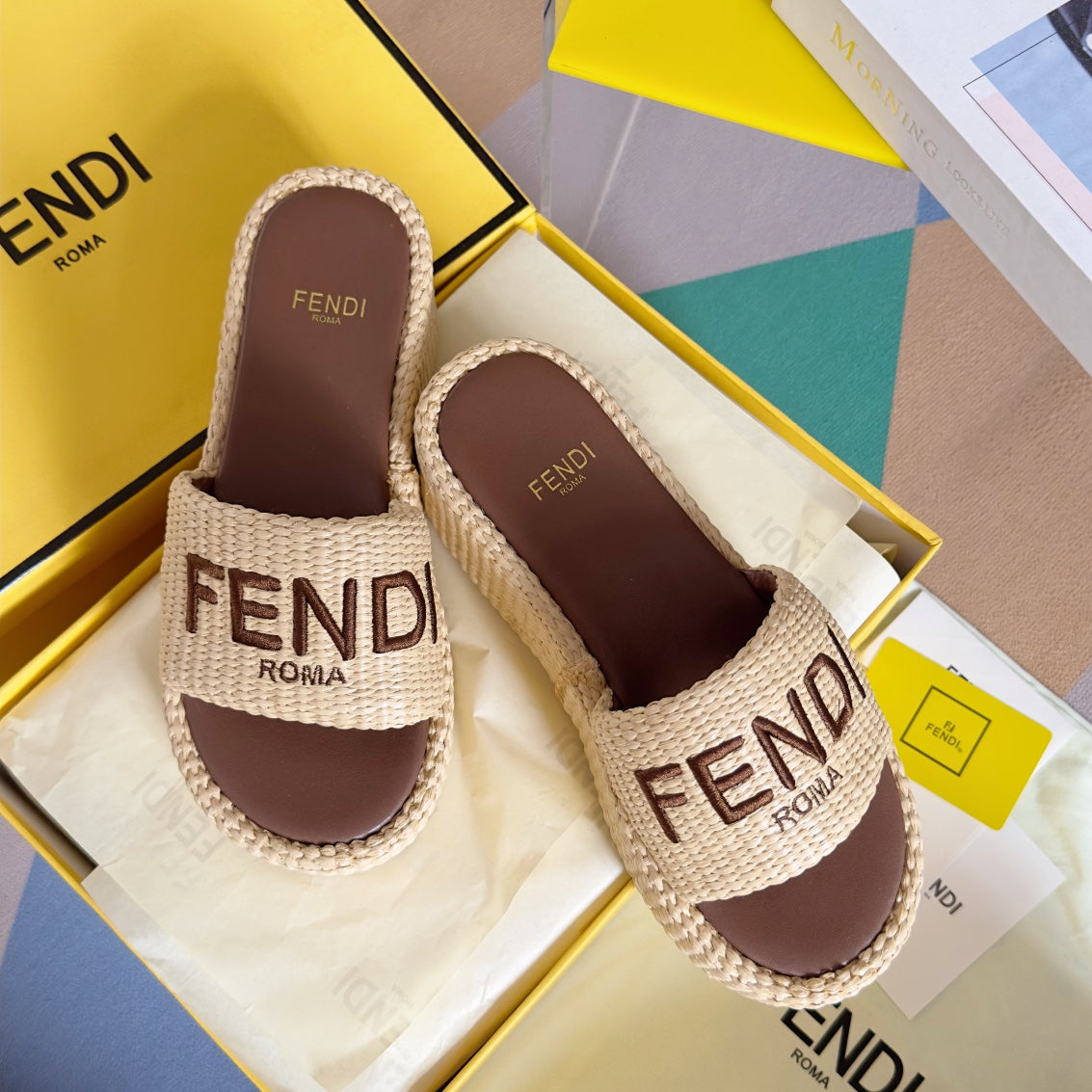 FF Sunshine 65 Beige Cotton Brown Leather Fibre Flatform Slide