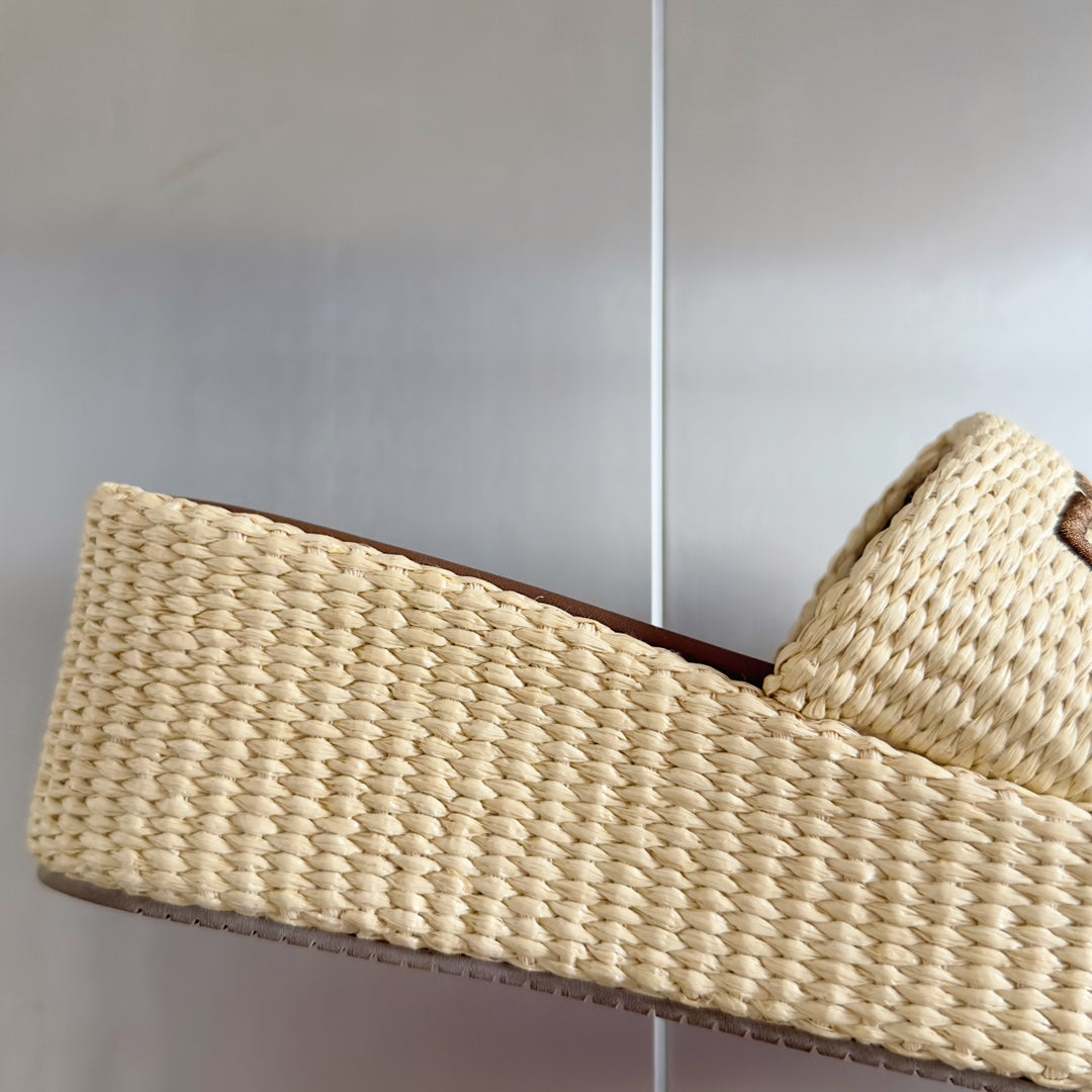 FF Sunshine 65 Beige Cotton Brown Leather Fibre Flatform Slide