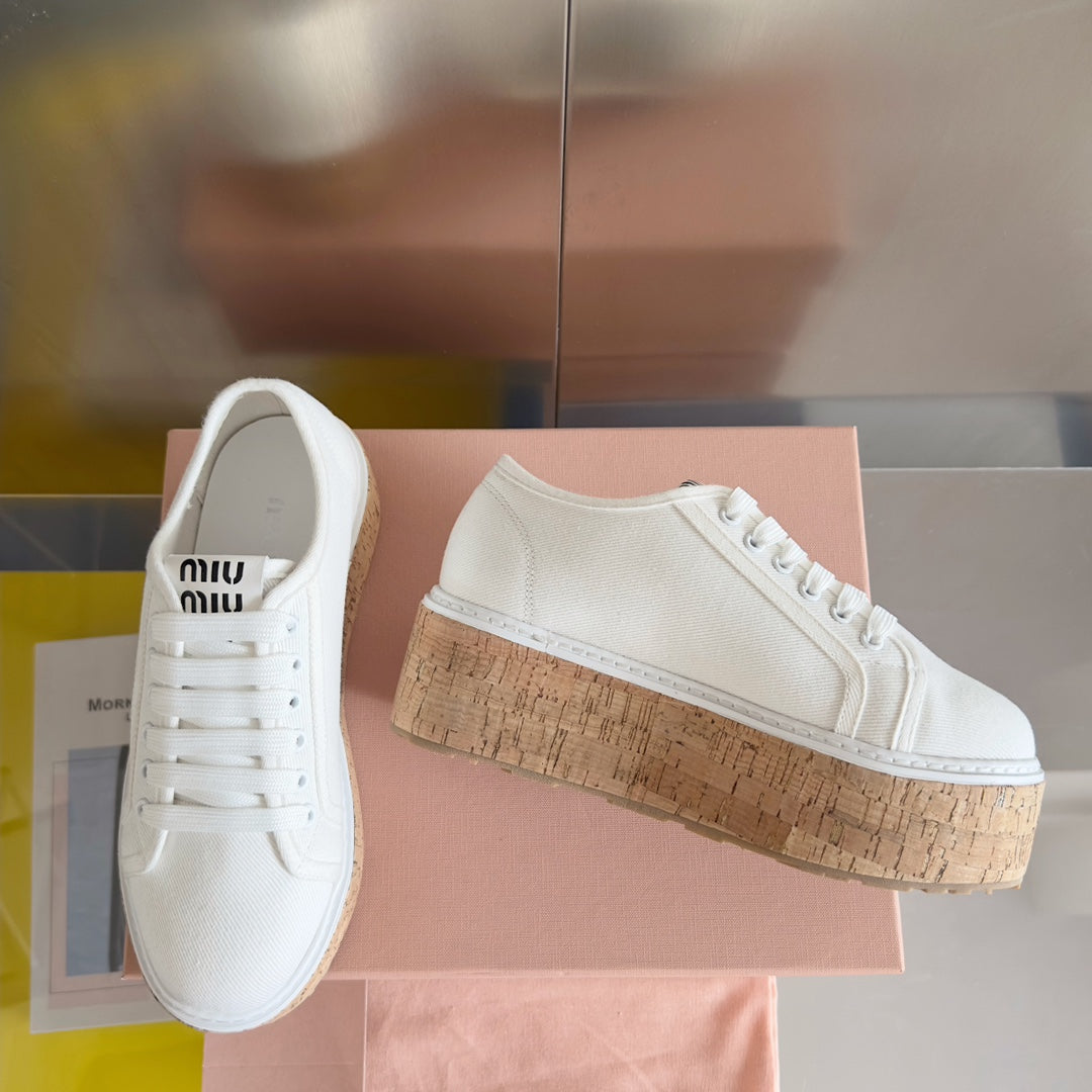 Lace - up Platform Shoes White Canvas