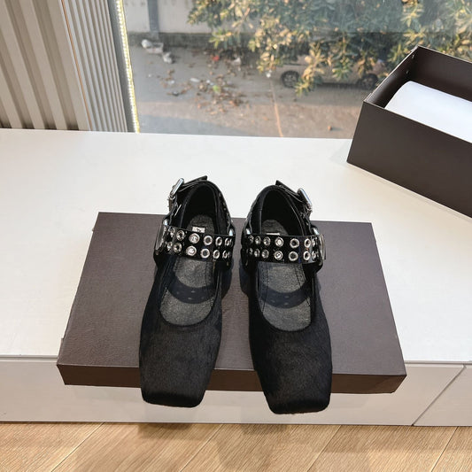 ALAIA 26S FLATS IN BLACK PONY HAIR WITH SILVER STUD STRAP