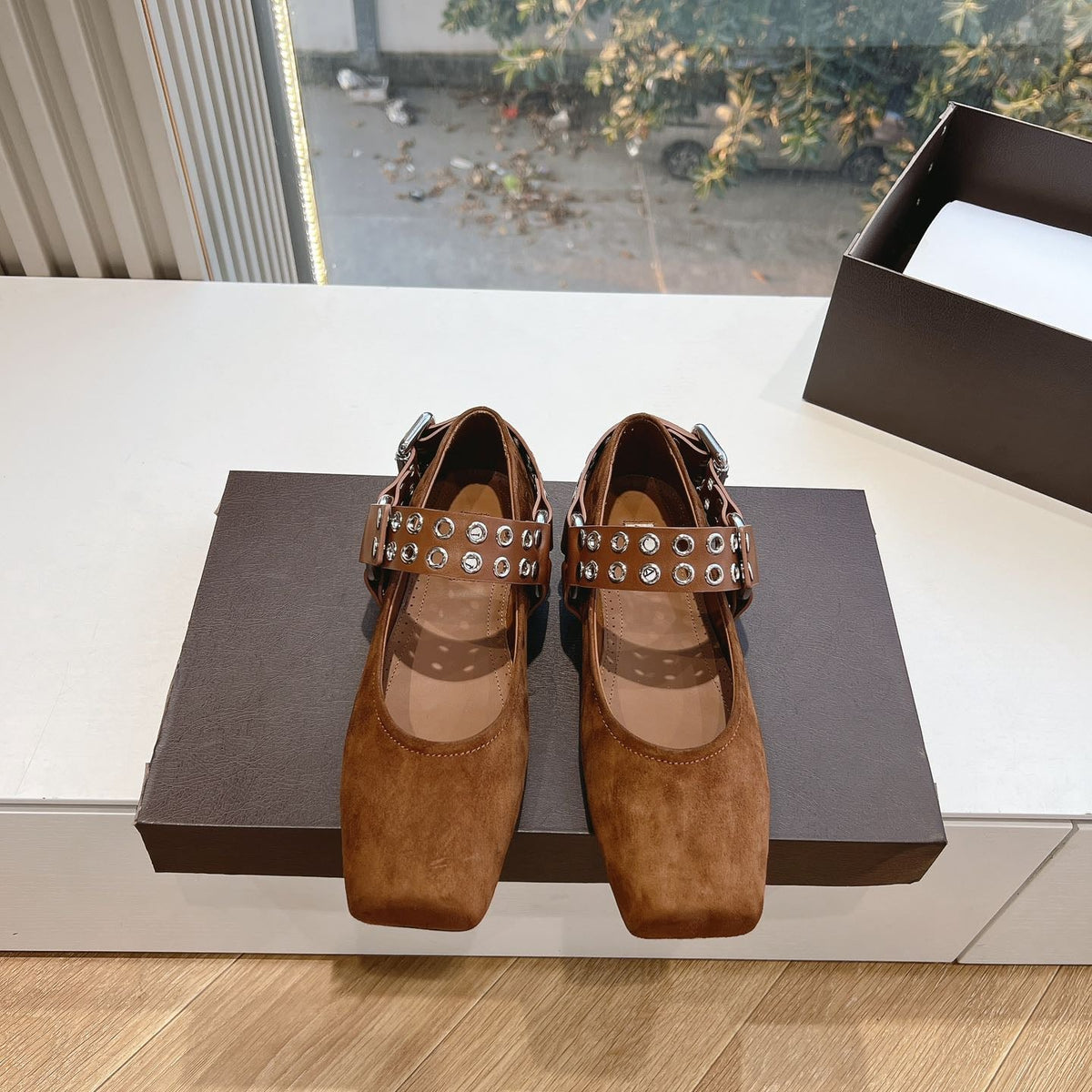 ALAIA 26S FLATS IN BROWN SUEDE WITH SILVER STUD STRAP