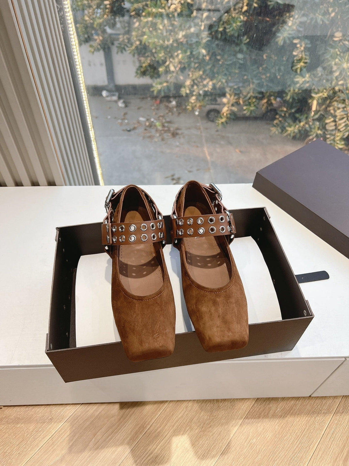ALAIA 26S FLATS IN BROWN SUEDE WITH SILVER STUD STRAP