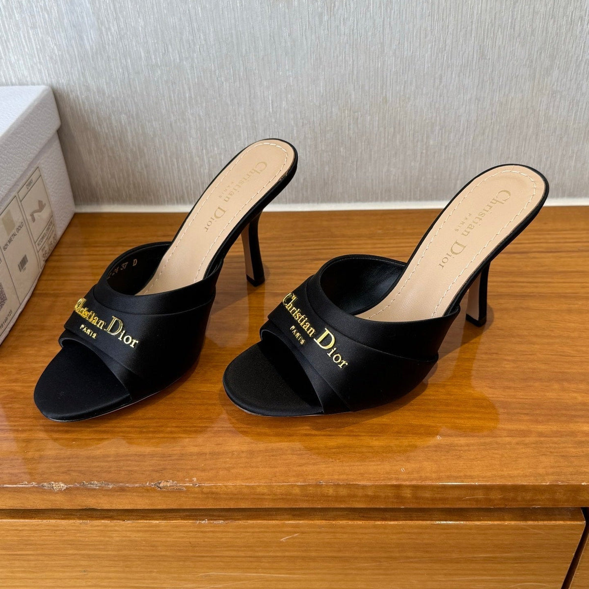 PEEP TOE SANDAL 25S HEELS 10CM IN BLACK SATIN