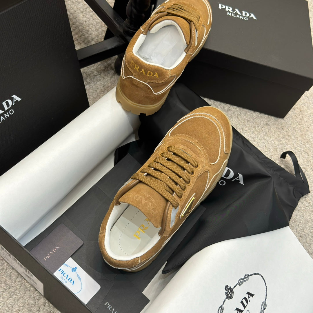PRADA 25S SNEAKERS 20MM IN CARAMEL BROWN SUEDE