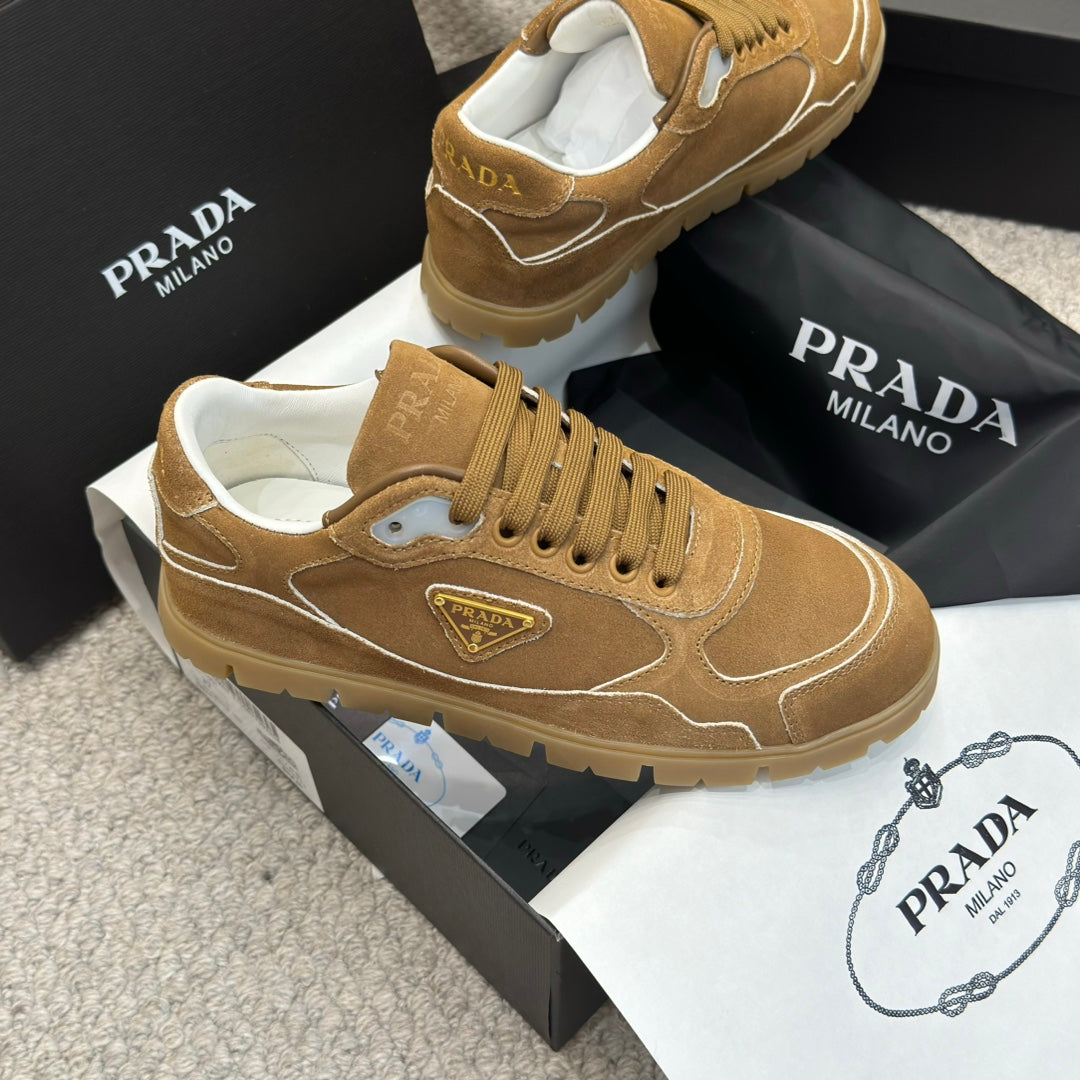PRADA 25S SNEAKERS 20MM IN CARAMEL BROWN SUEDE