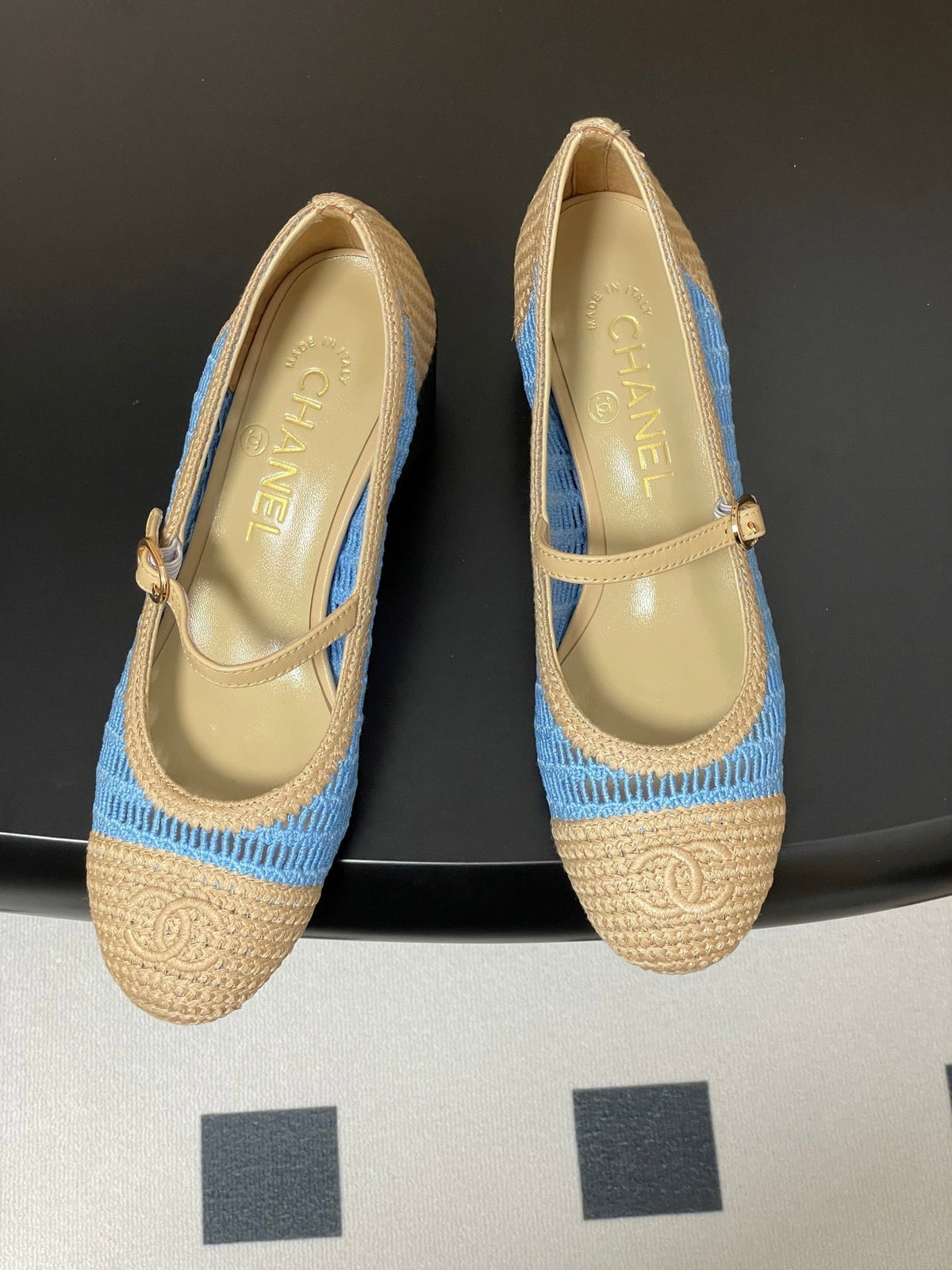 HIGH BALLET MARY JANE 50MM IN NATURAL BEIGE AND BLUE RAFFIA