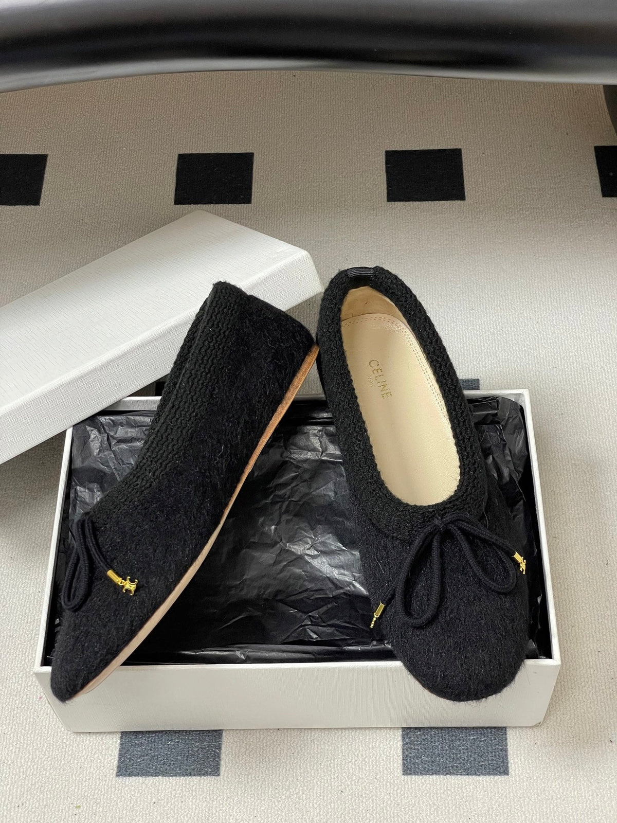 CELINE 26S BALLET FLATS IN BLACK WOOL WITH BOW