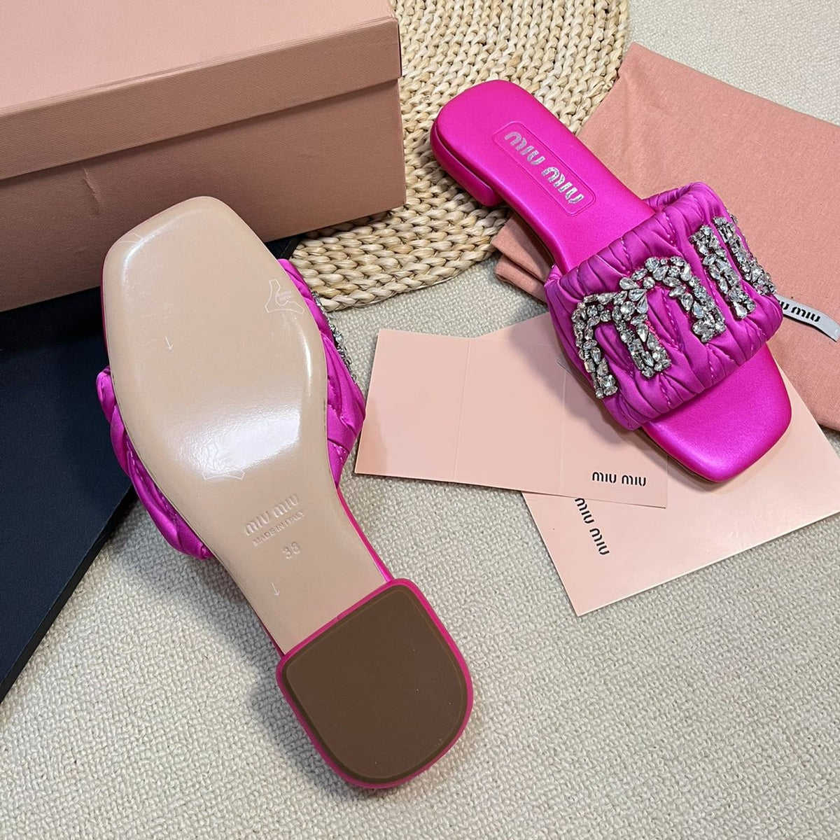 Women's Bright Pink Leather Diamond Slippers