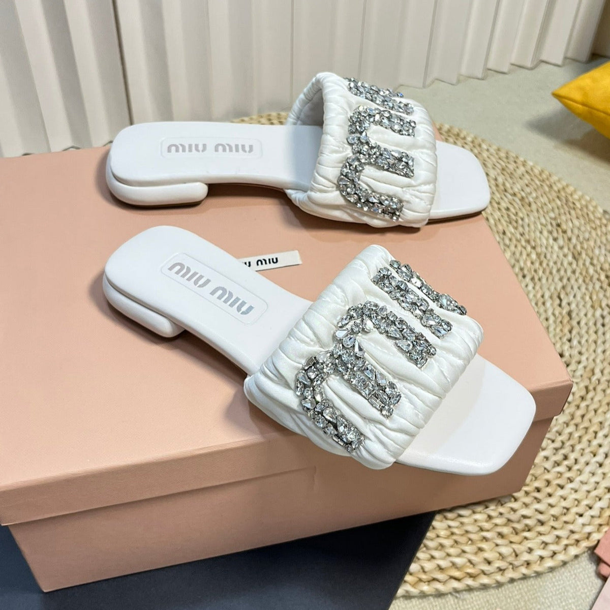 Women's White Leather Diamond Slippers