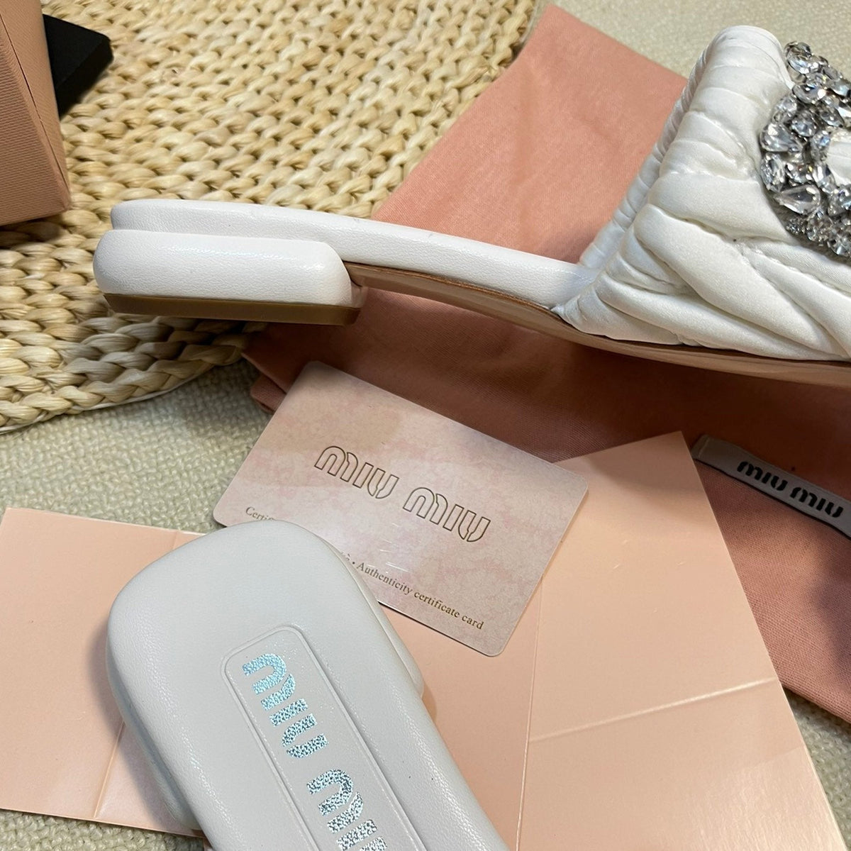 Women's White Leather Diamond Slippers