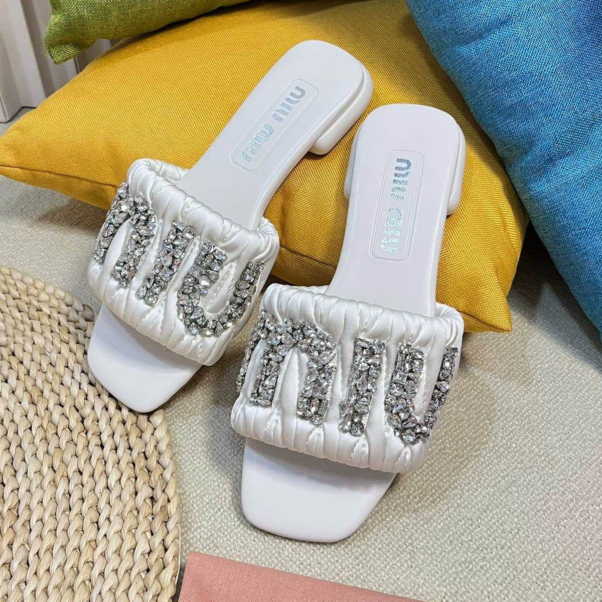 Women's White Leather Diamond Slippers
