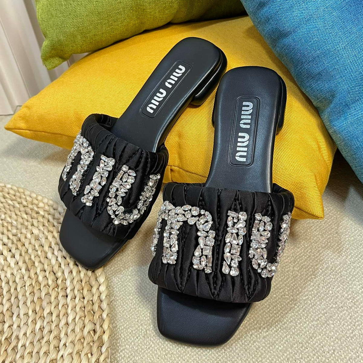 Women's Black Leather Diamond Slippers