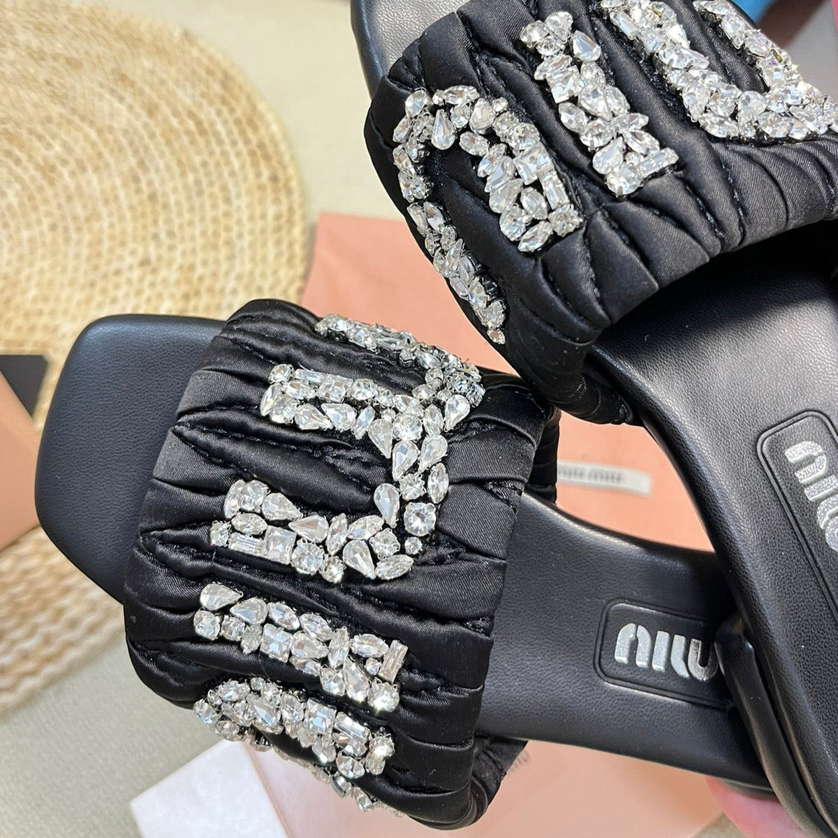 Women's Black Leather Diamond Slippers