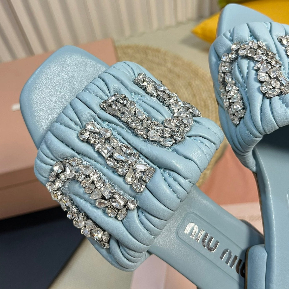 Women's Sky Blue Leather Diamond Slippers