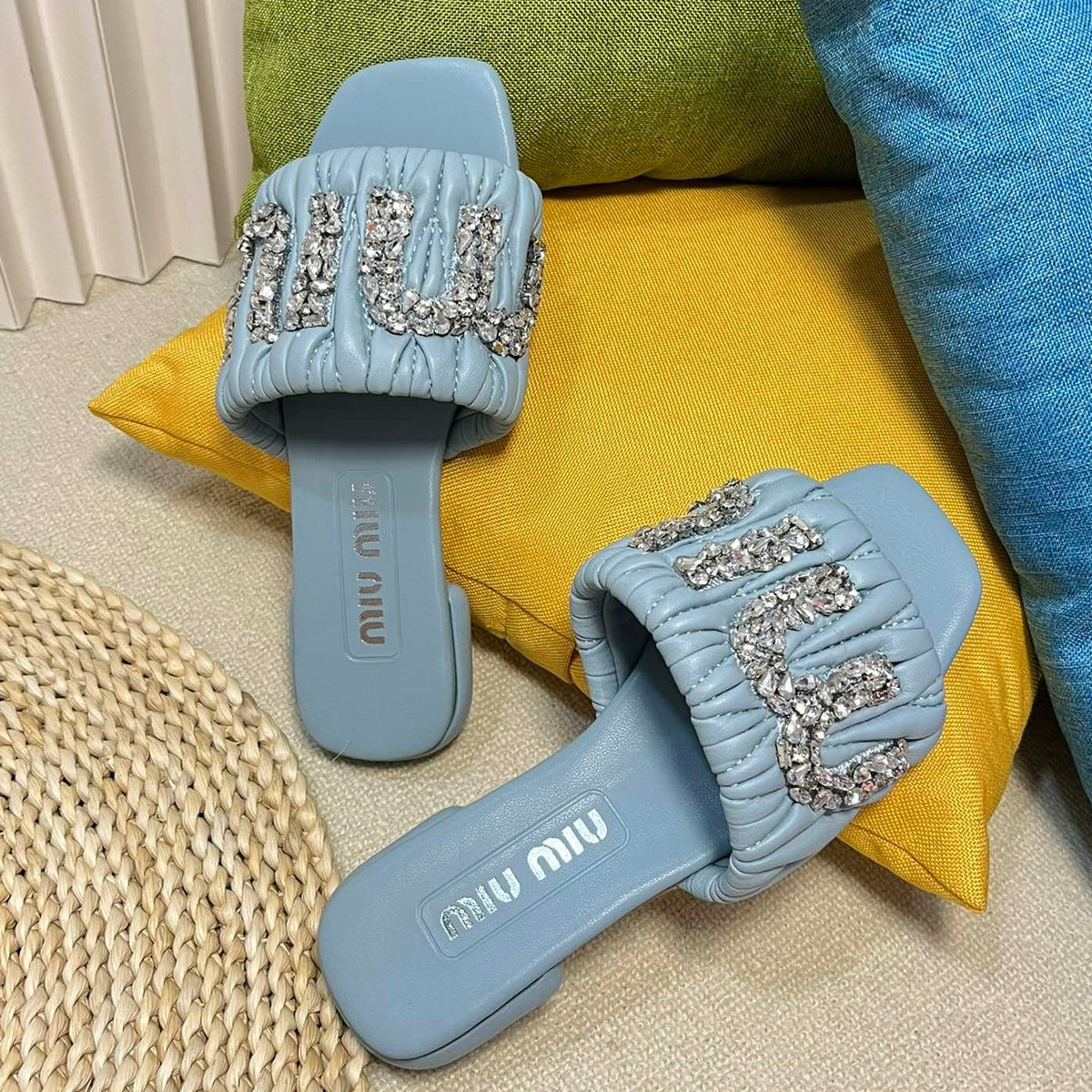 Women's Sky Blue Leather Diamond Slippers