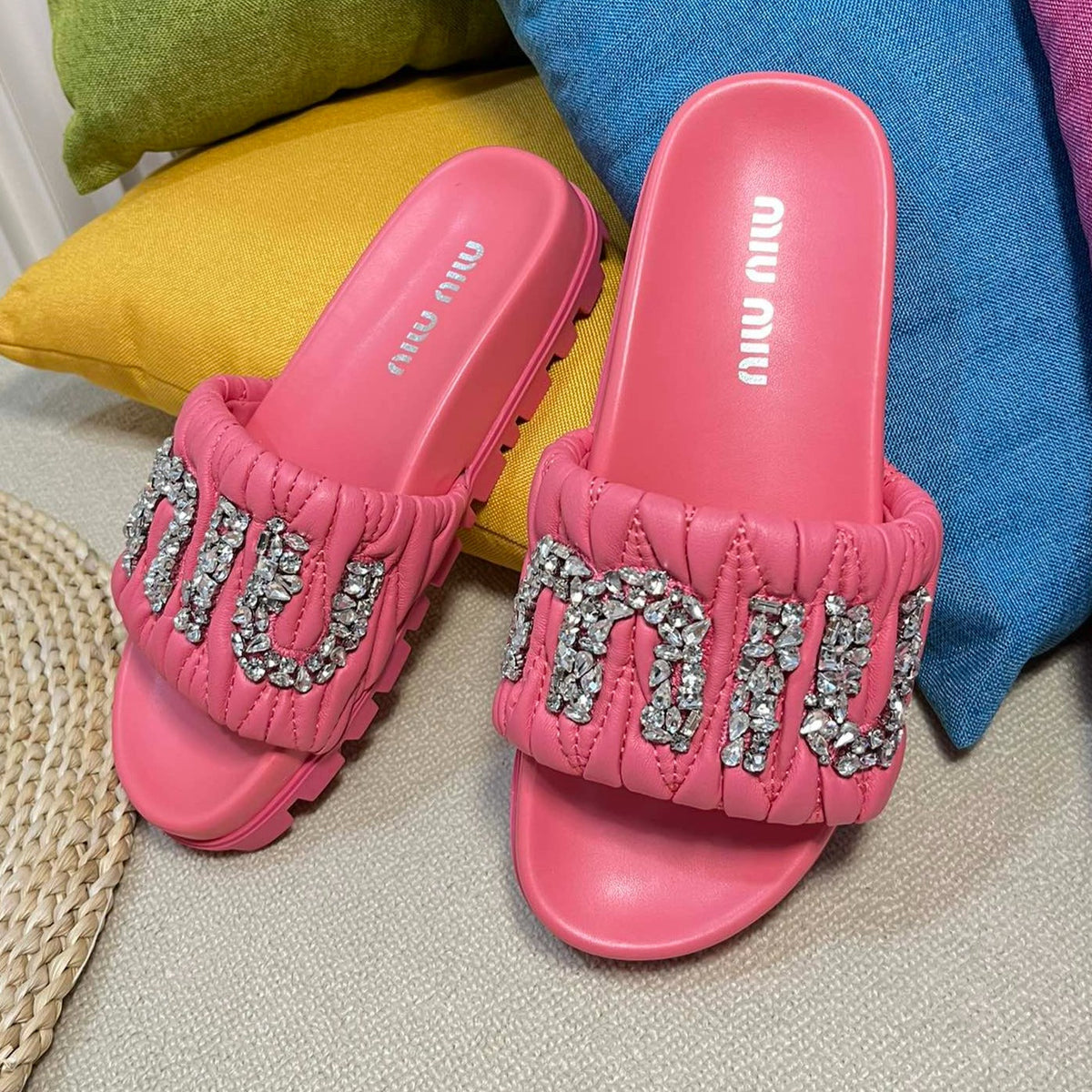 Neon Pink Sheepskin Diamond Slippers