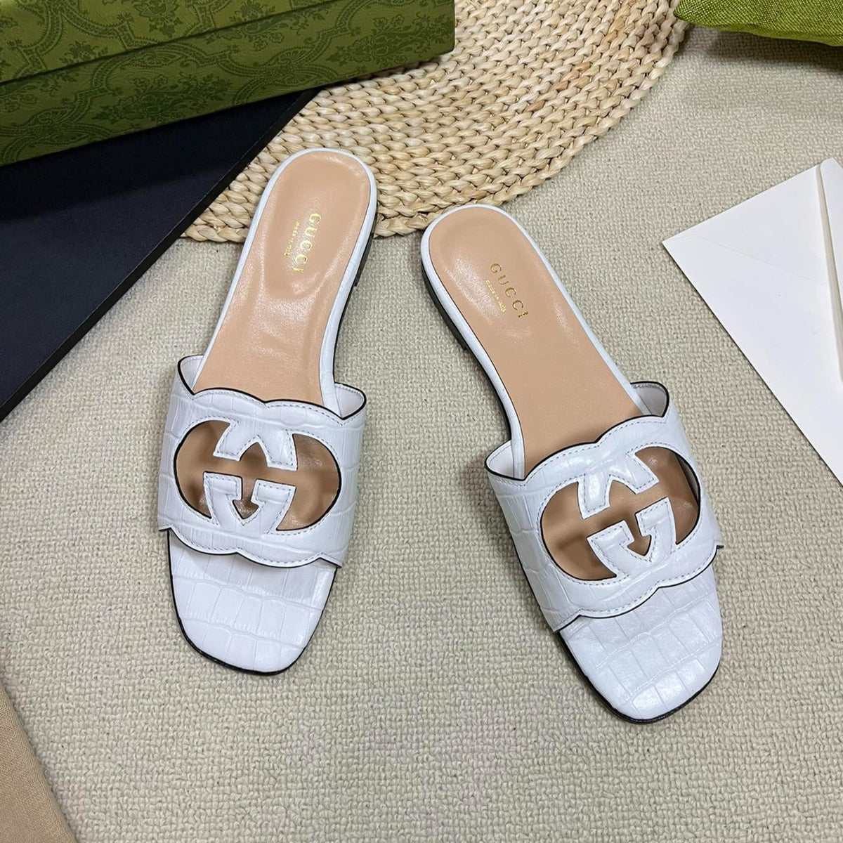 GG Cut Out Slide Sandals White
