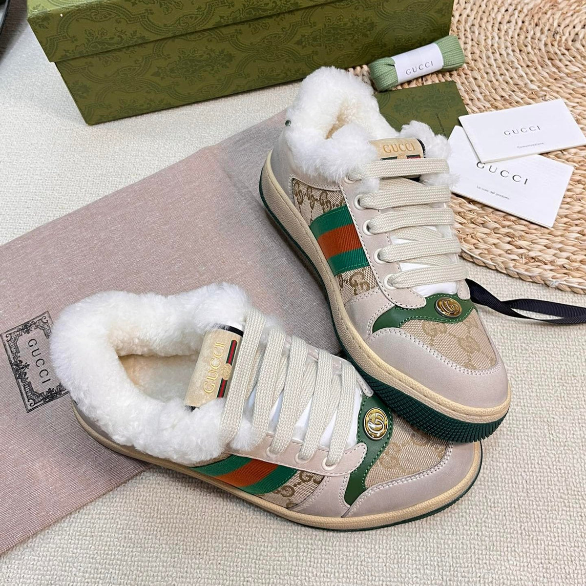 SNEAKER WITH WEB IN BEIGE GREEN FABRIC MIX SUEDE AND LAMB WOOL LINING