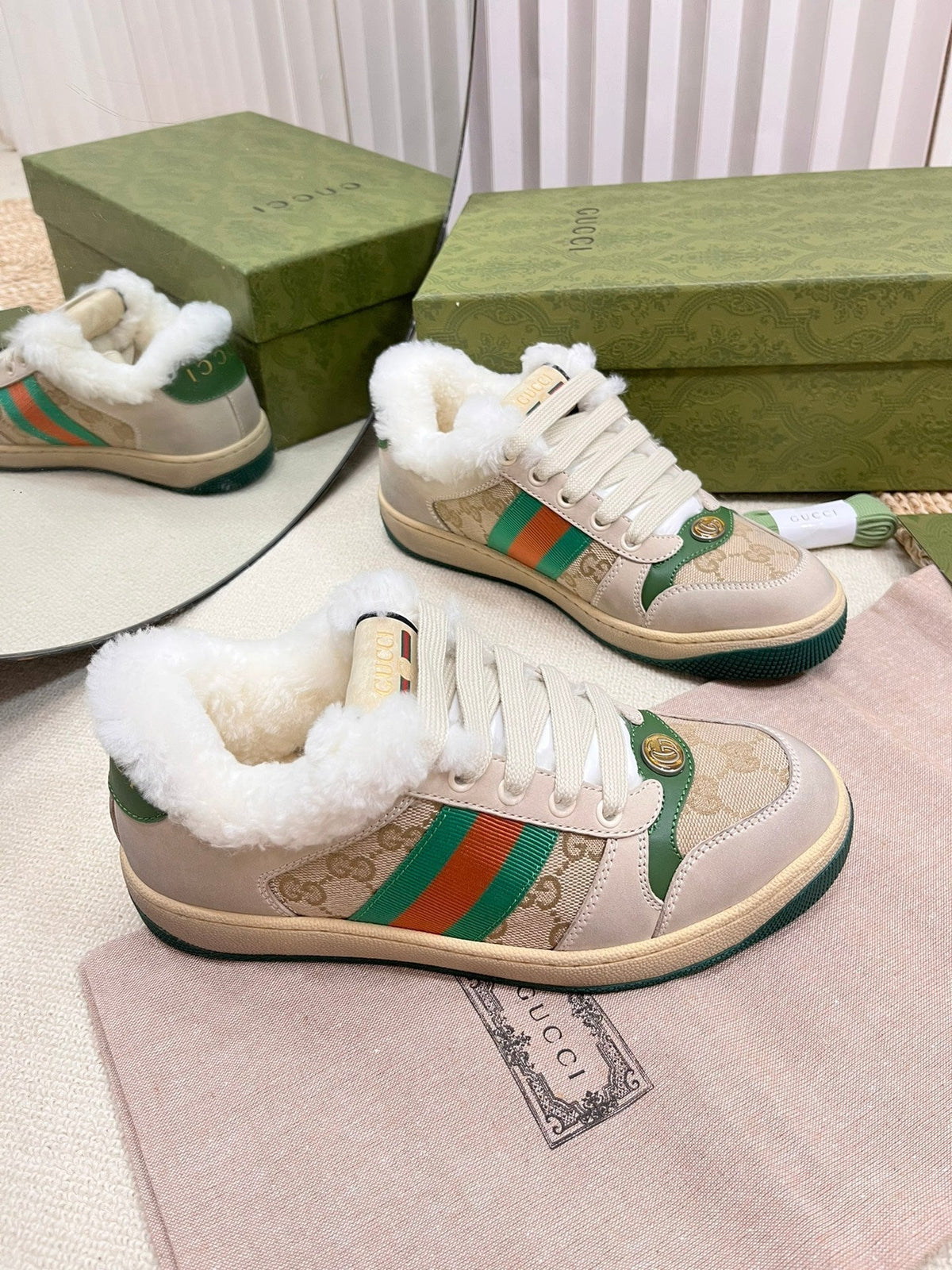 SNEAKER WITH WEB IN BEIGE GREEN FABRIC MIX SUEDE AND LAMB WOOL LINING