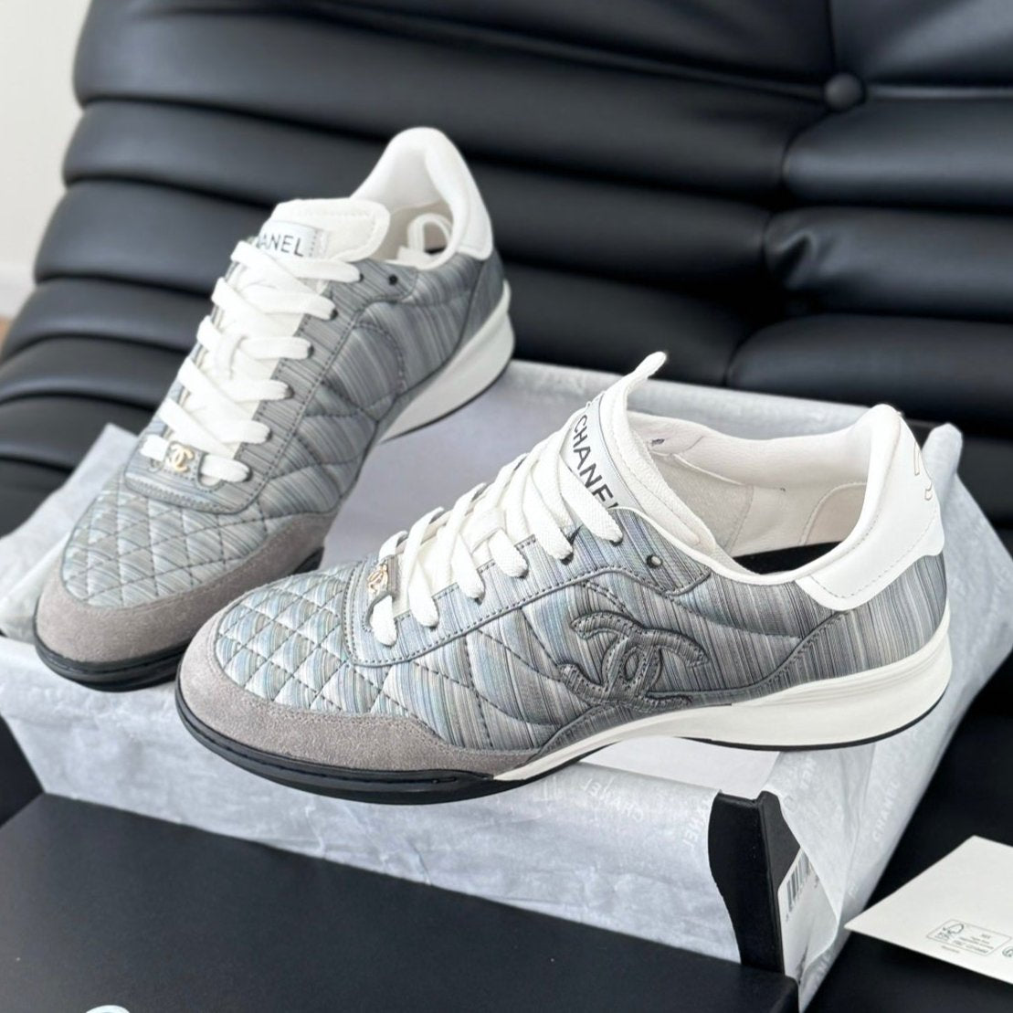 CC SNEAKER IN PEARL GREY MIX WHITE EMBROIDERED LAMBSKIN