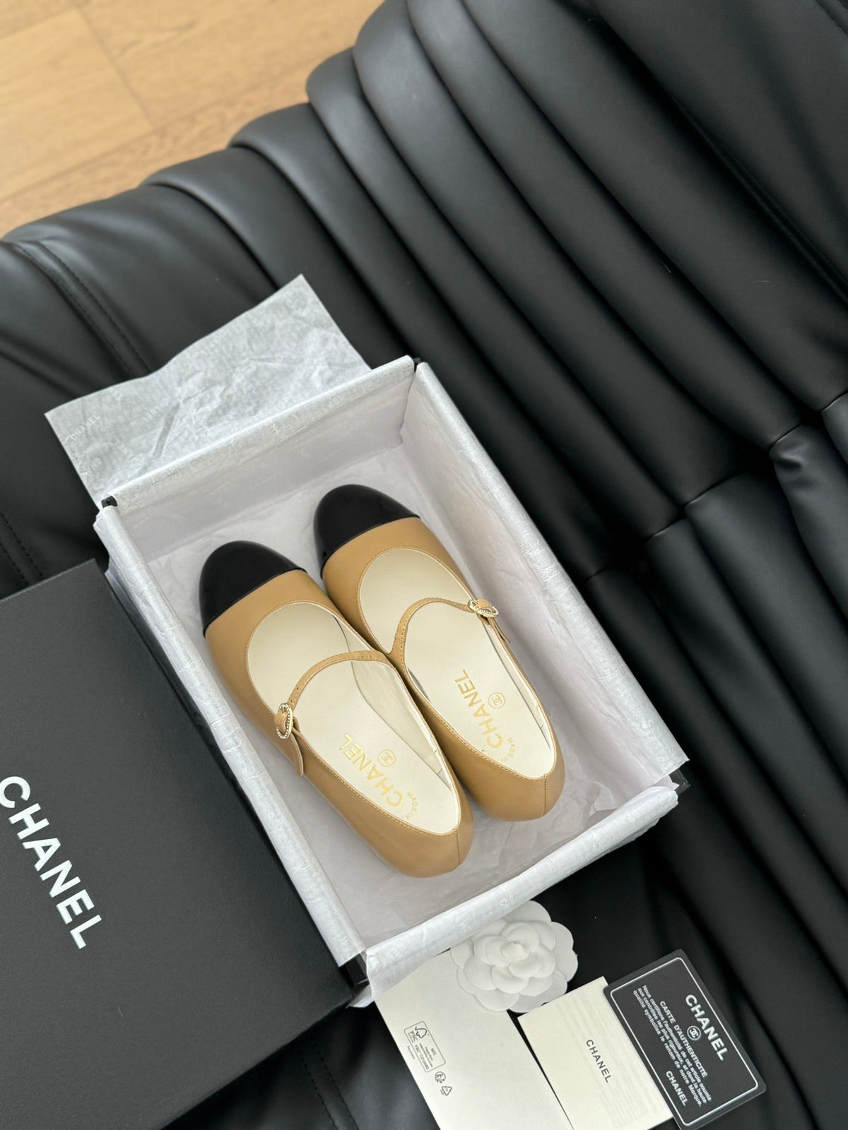CC MARY JANE SHOES IN SEPIA BEIGE MIX BLACK LAMBSKIN WITH GOLD HARDWARE