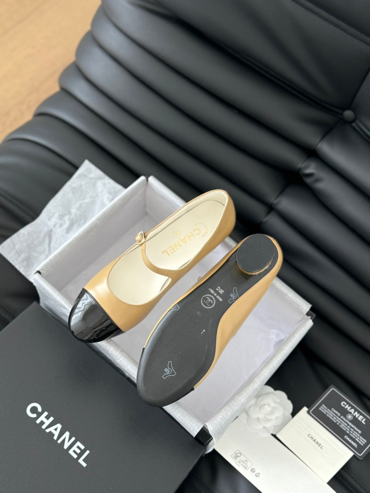 CC MARY JANE SHOES IN SEPIA BEIGE MIX BLACK LAMBSKIN WITH GOLD HARDWARE