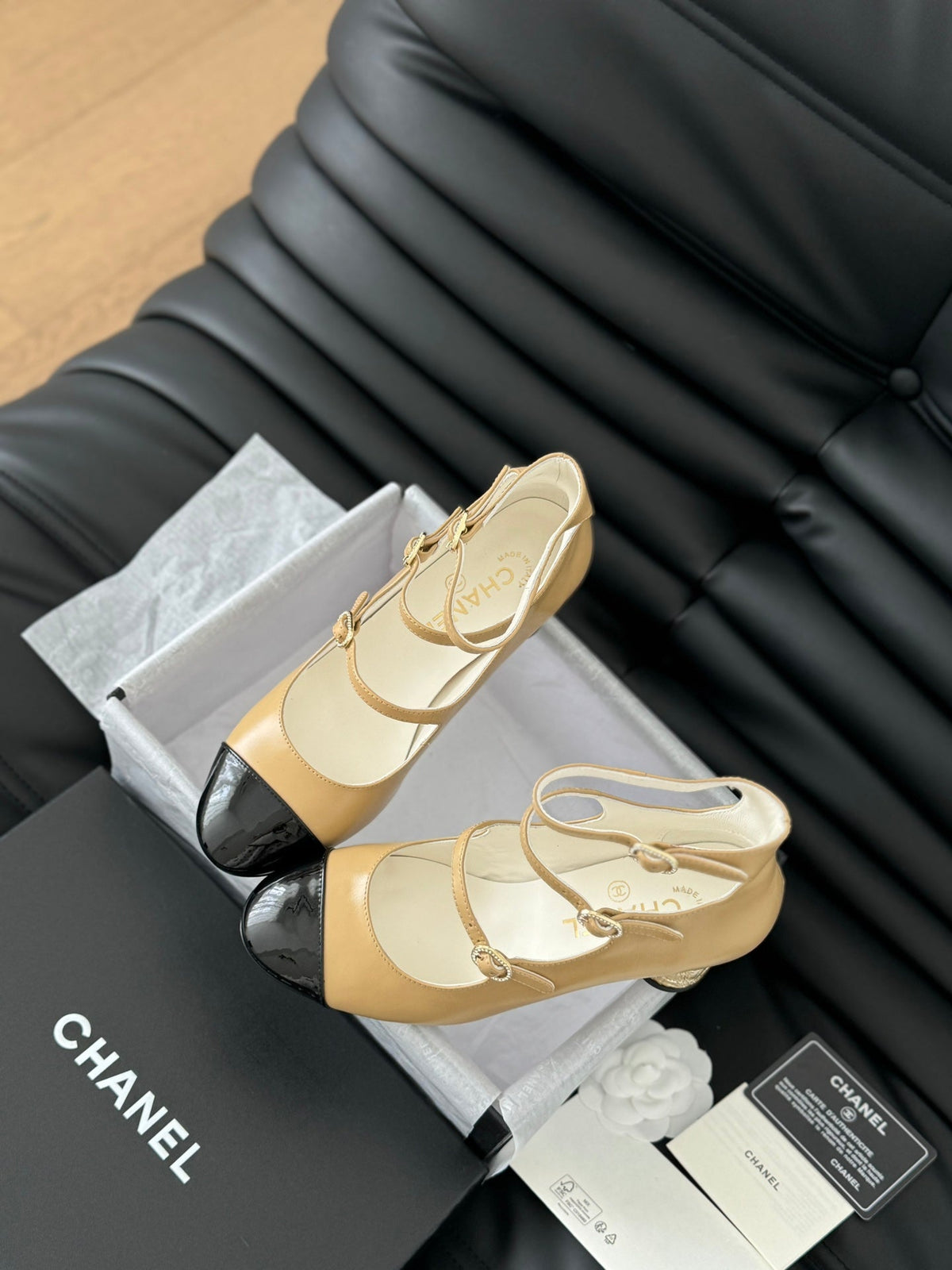 CC MARY JANE SHOES THREE STRAPS IN SEPIA BEIGE MIX BLACK LAMBSKIN