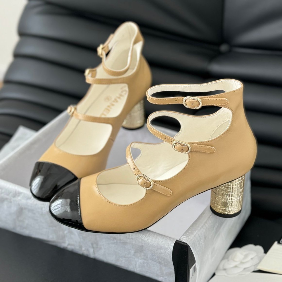 CC MARY JANE SHOES THREE STRAPS IN SEPIA BEIGE MIX BLACK LAMBSKIN