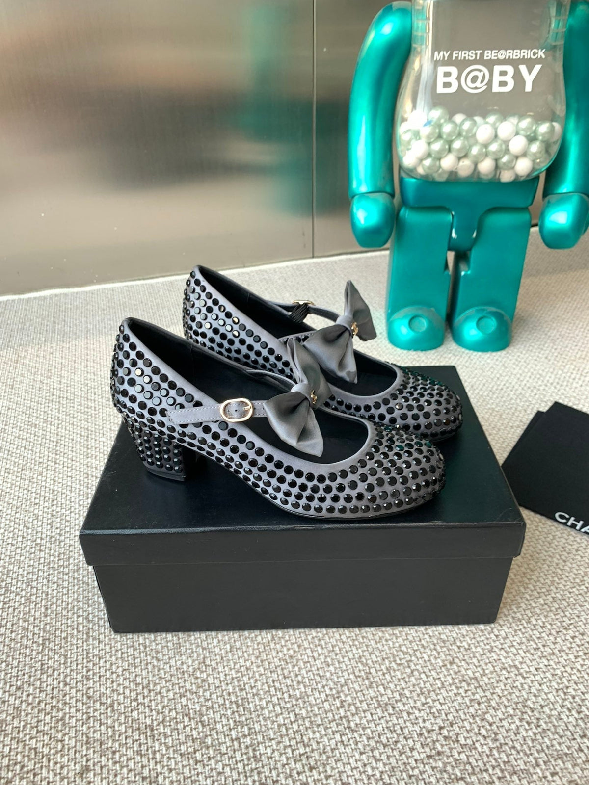 CC MARY JANES SHOES IN STEEL GRAY SATIN WITH BLACK RHINESTONES