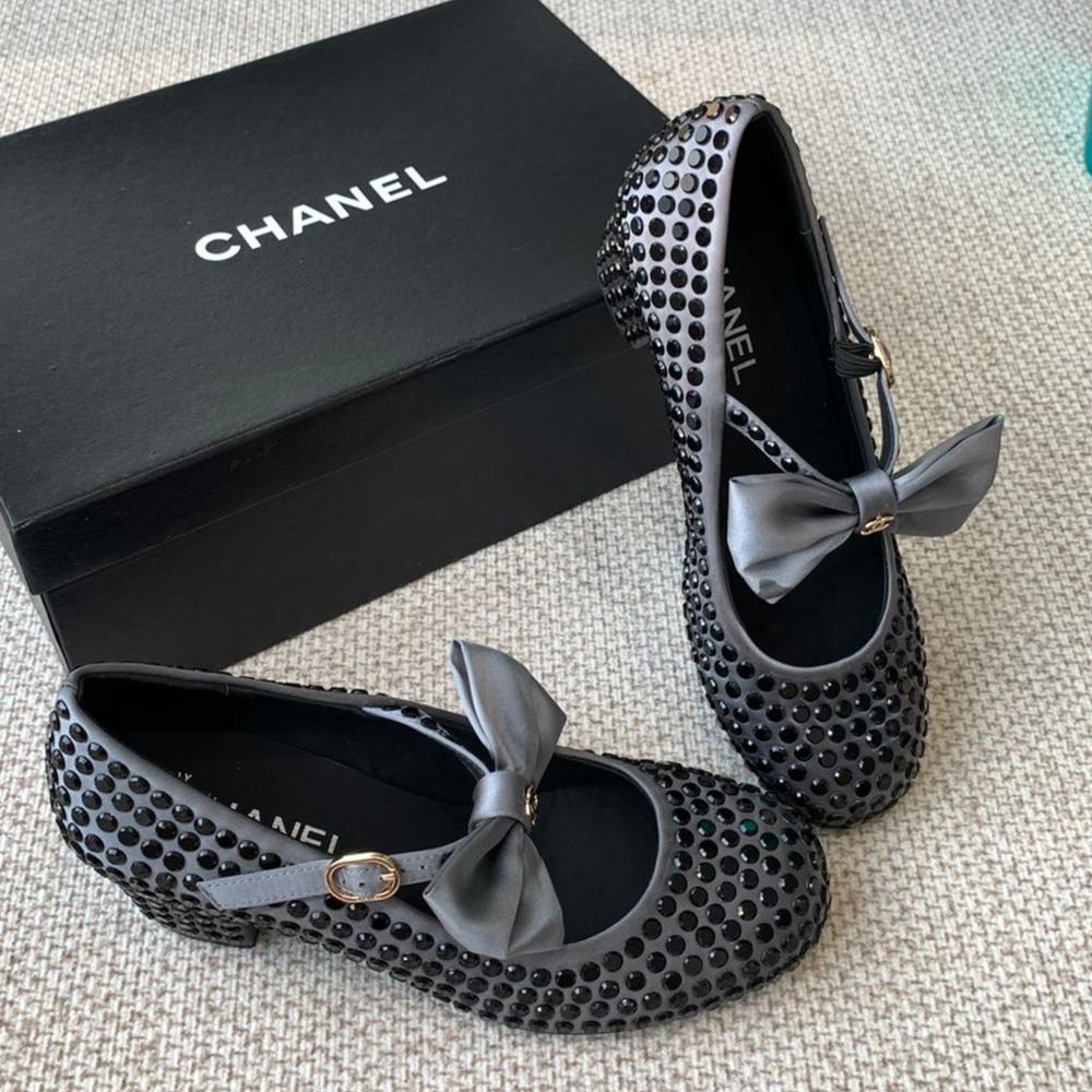 CC MARY JANES SHOES IN STEEL GRAY SATIN WITH BLACK RHINESTONES